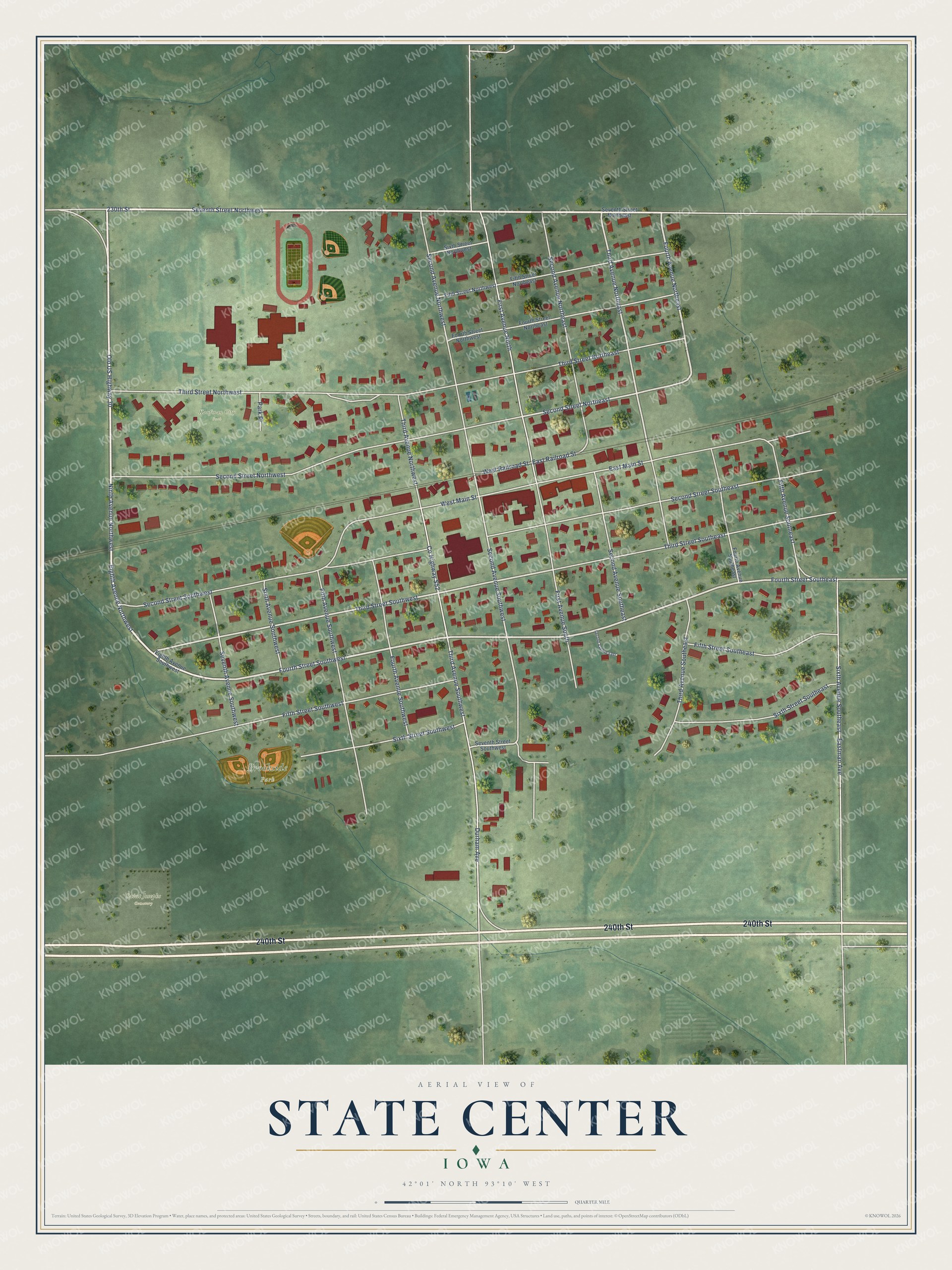 Full map of State Center, Iowa, with red buildings, printed street names and the land around them