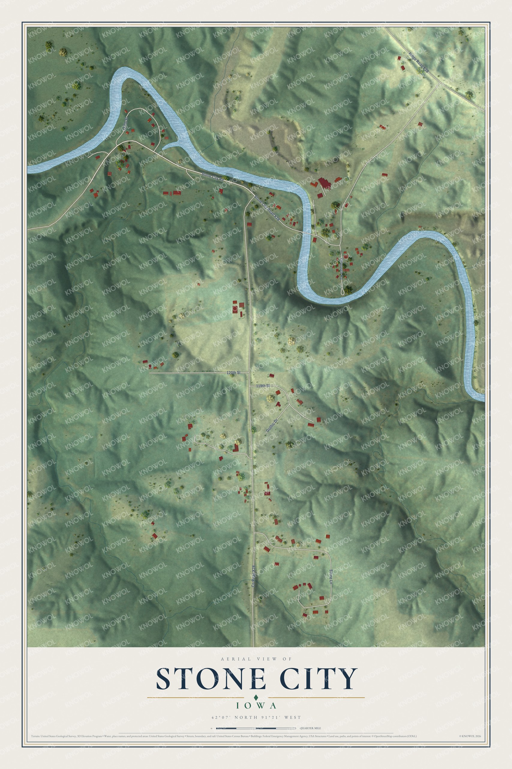 Full map of Stone City, Iowa, with red buildings, printed street names and the land around them
