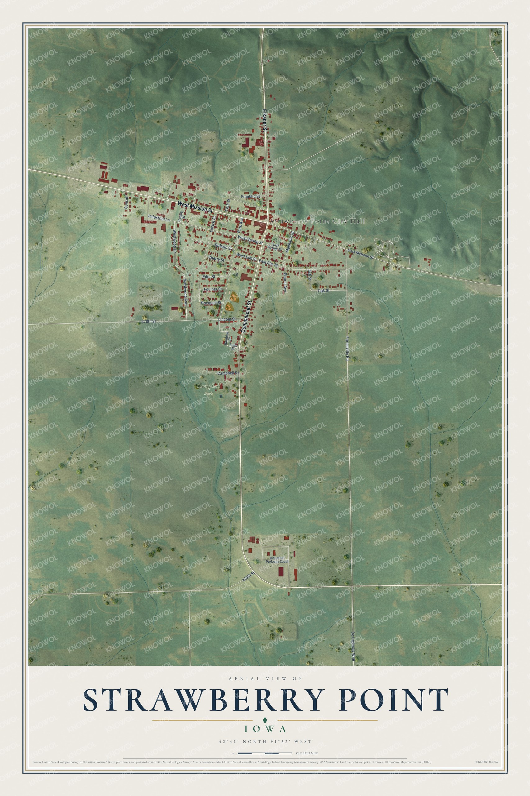 Full map of Strawberry Point, Iowa, with red buildings, printed street names and the land around them