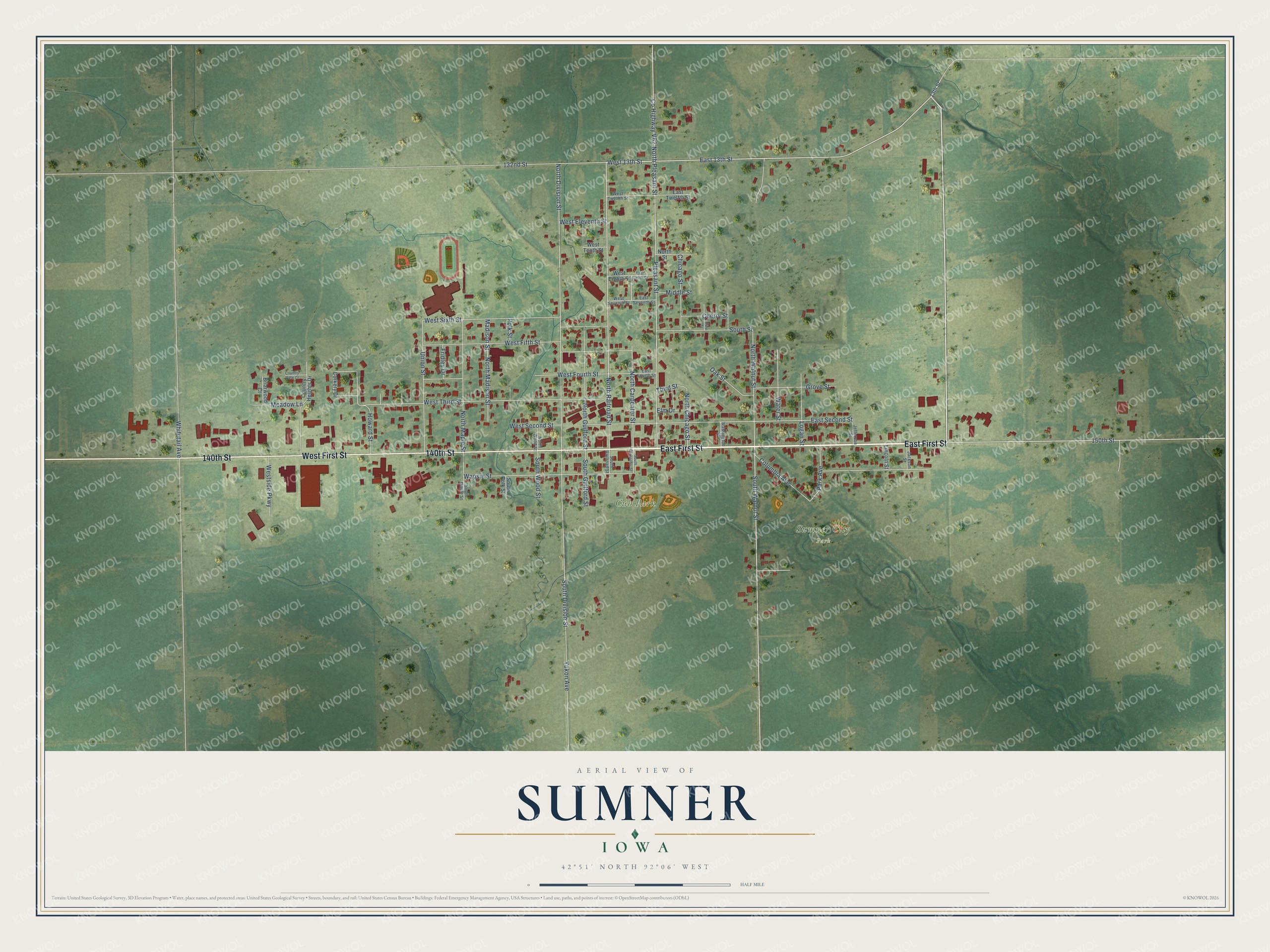 Full map of Sumner, Iowa, with red buildings, printed street names and the land around them