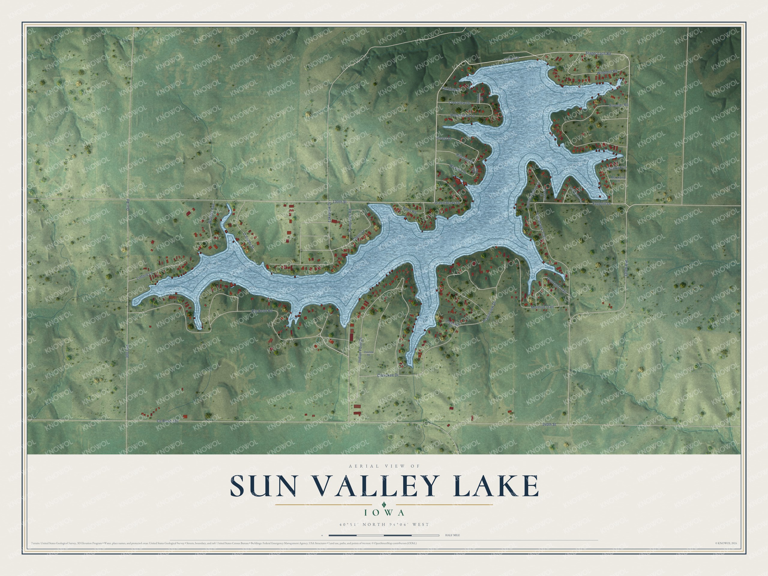 Full map of Sun Valley Lake, Iowa, with red buildings, printed street names and the land around them