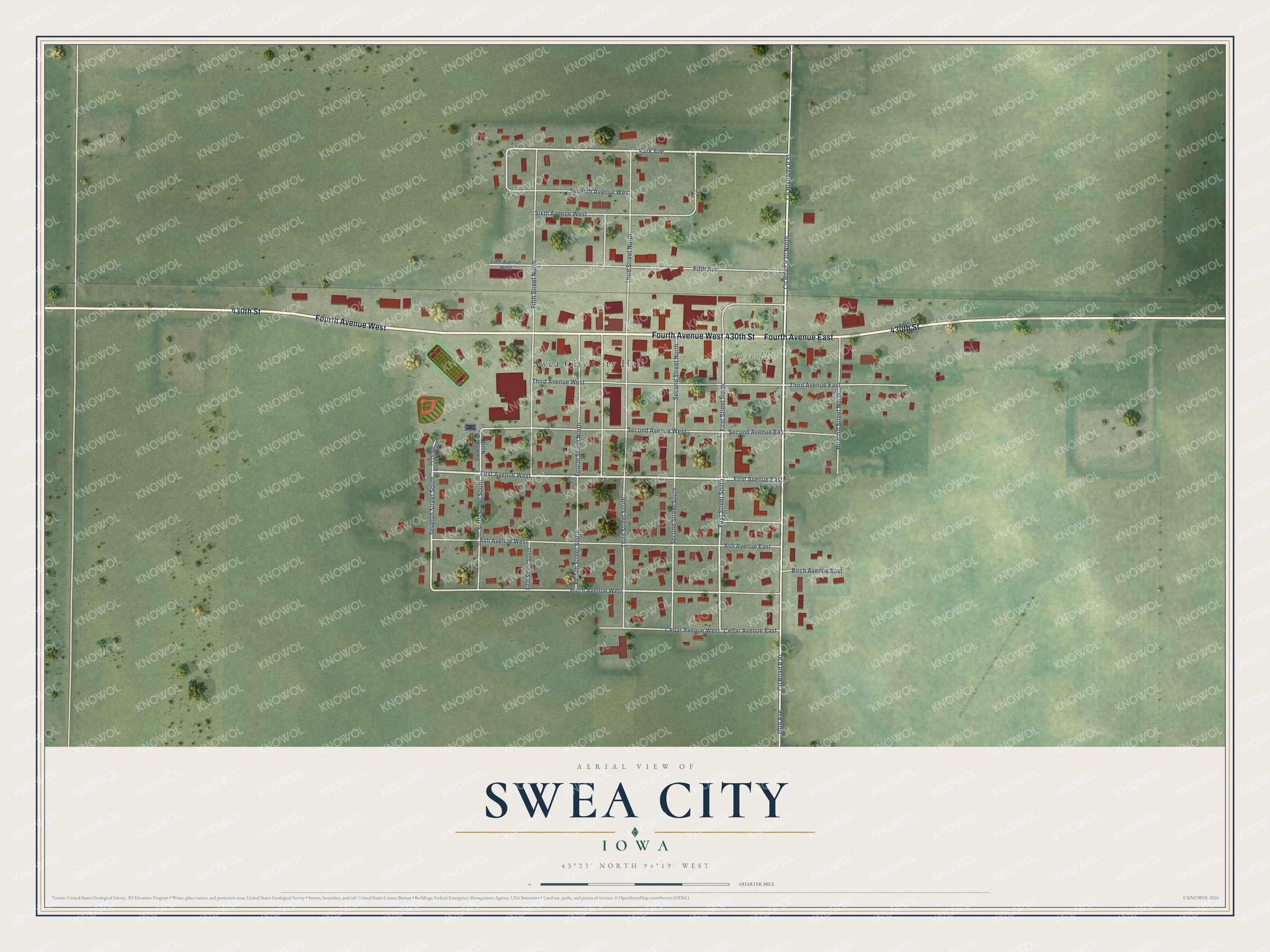 Full map of Swea City, Iowa, with red buildings, printed street names and the land around them