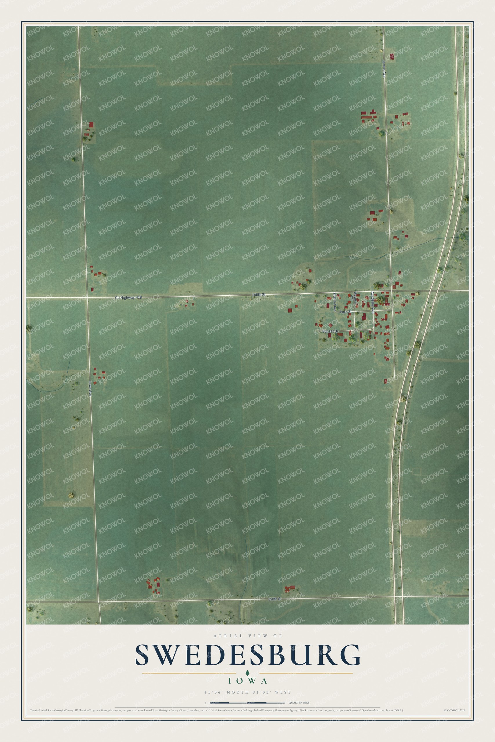 Full map of Swedesburg, Iowa, with red buildings, printed street names and the land around them