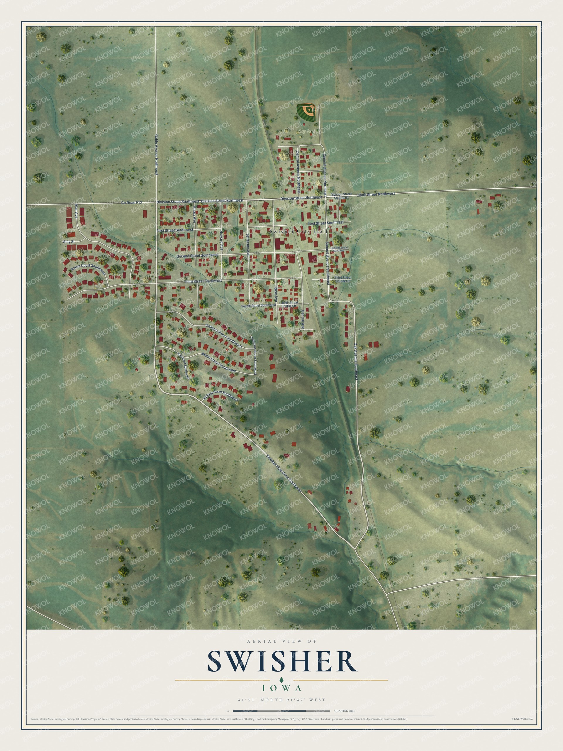 Full map of Swisher, Iowa, with red buildings, printed street names and the land around them