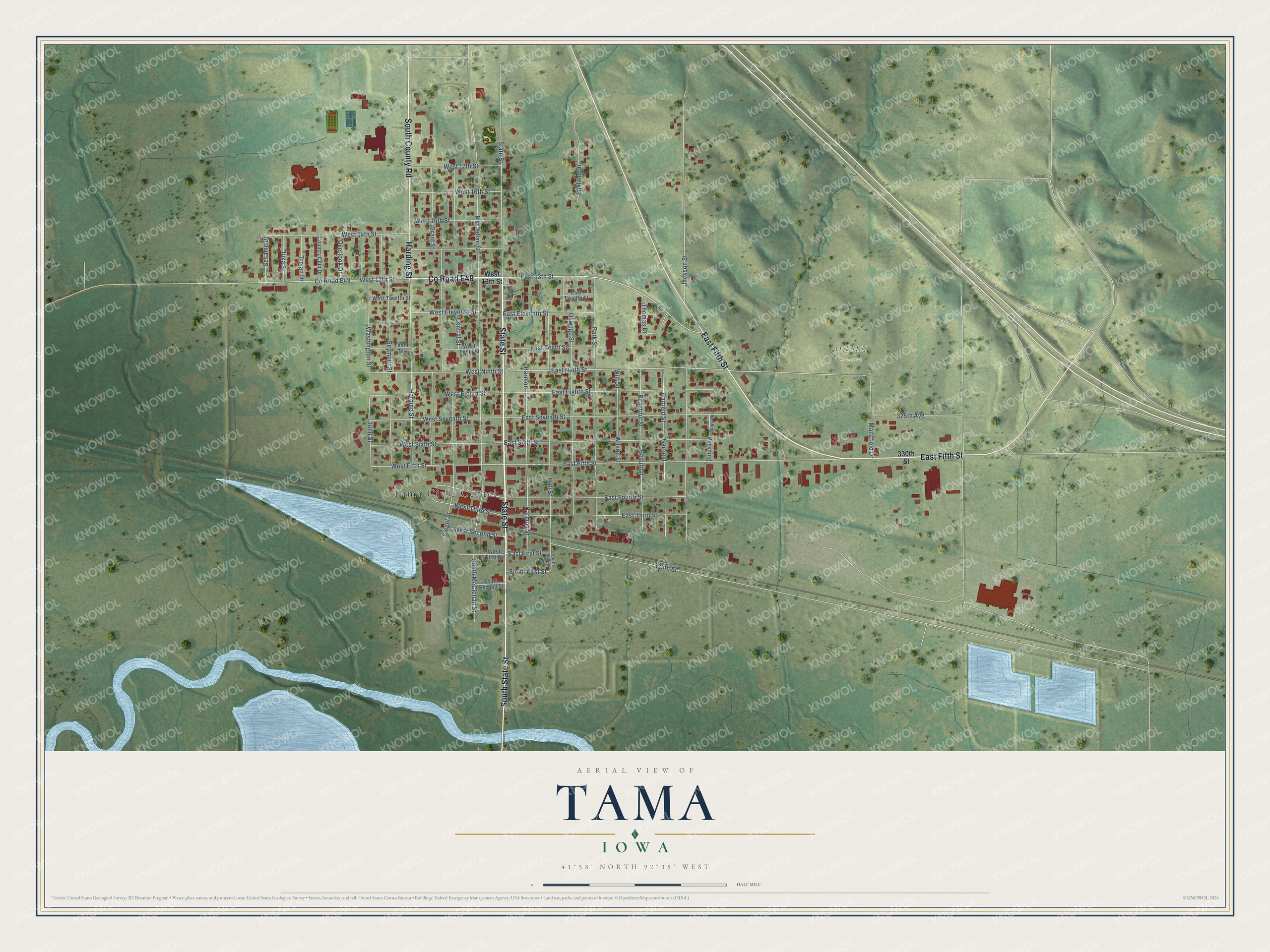 Full map of Tama, Iowa, with red buildings, printed street names and the land around them