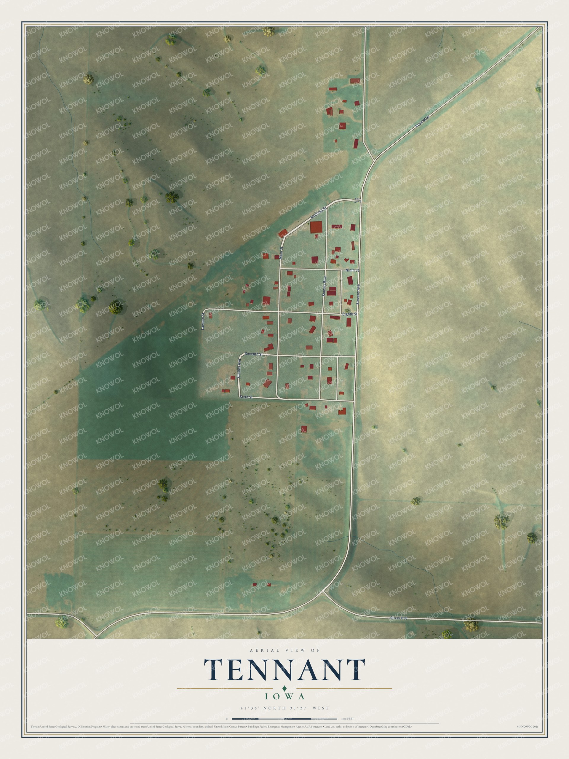 Watermarked full-map preview of Tennant, Iowa