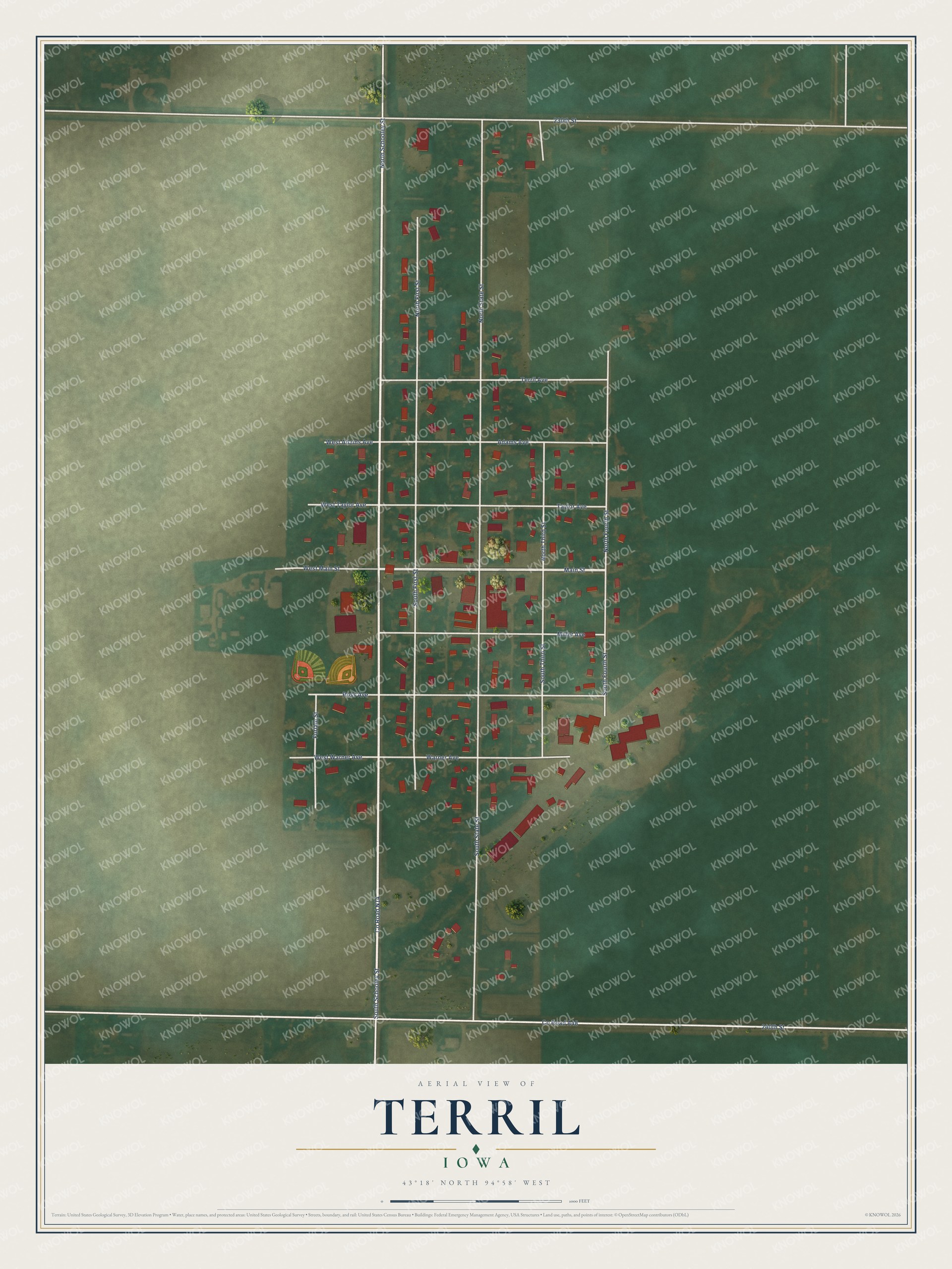 Full map of Terril, Iowa, with red buildings, printed street names and the land around them