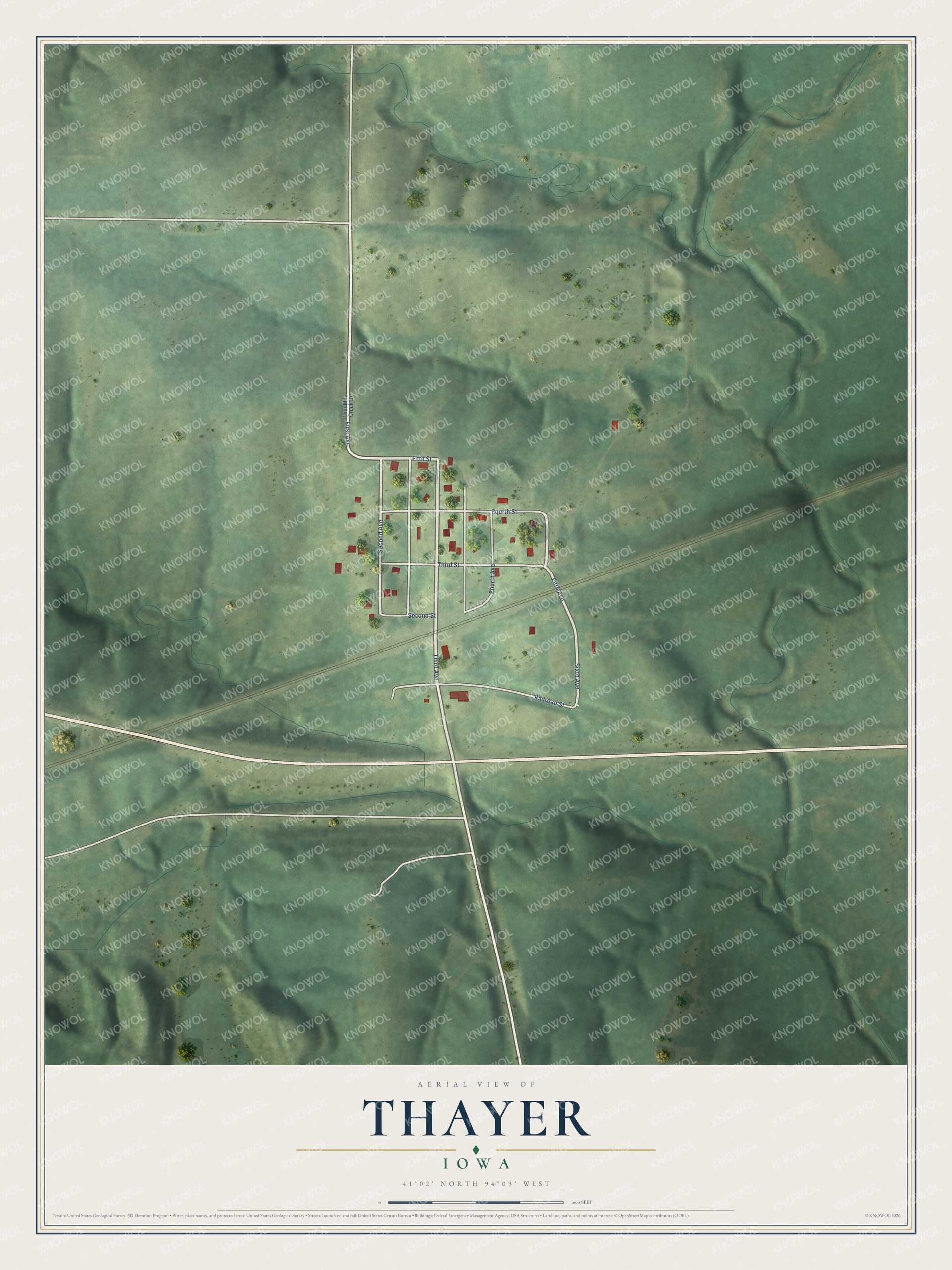 Full map of Thayer, Iowa, with red buildings, printed street names and the land around them