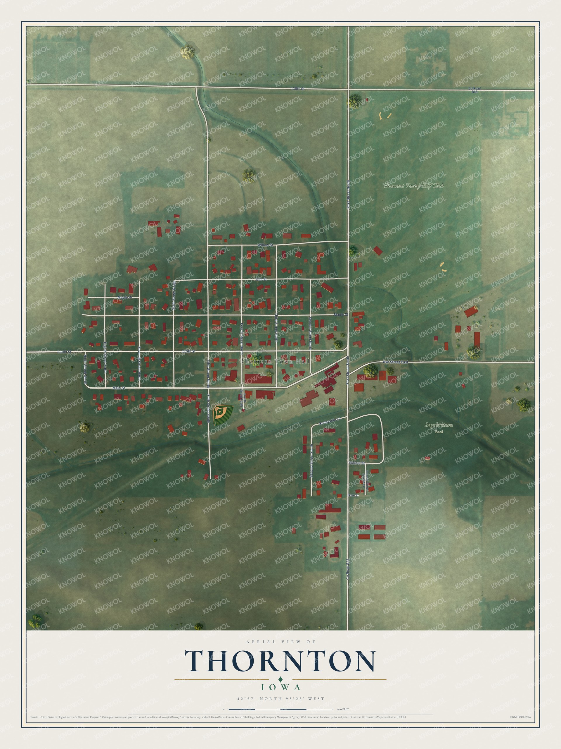Full map of Thornton, Iowa, with red buildings, printed street names and the land around them
