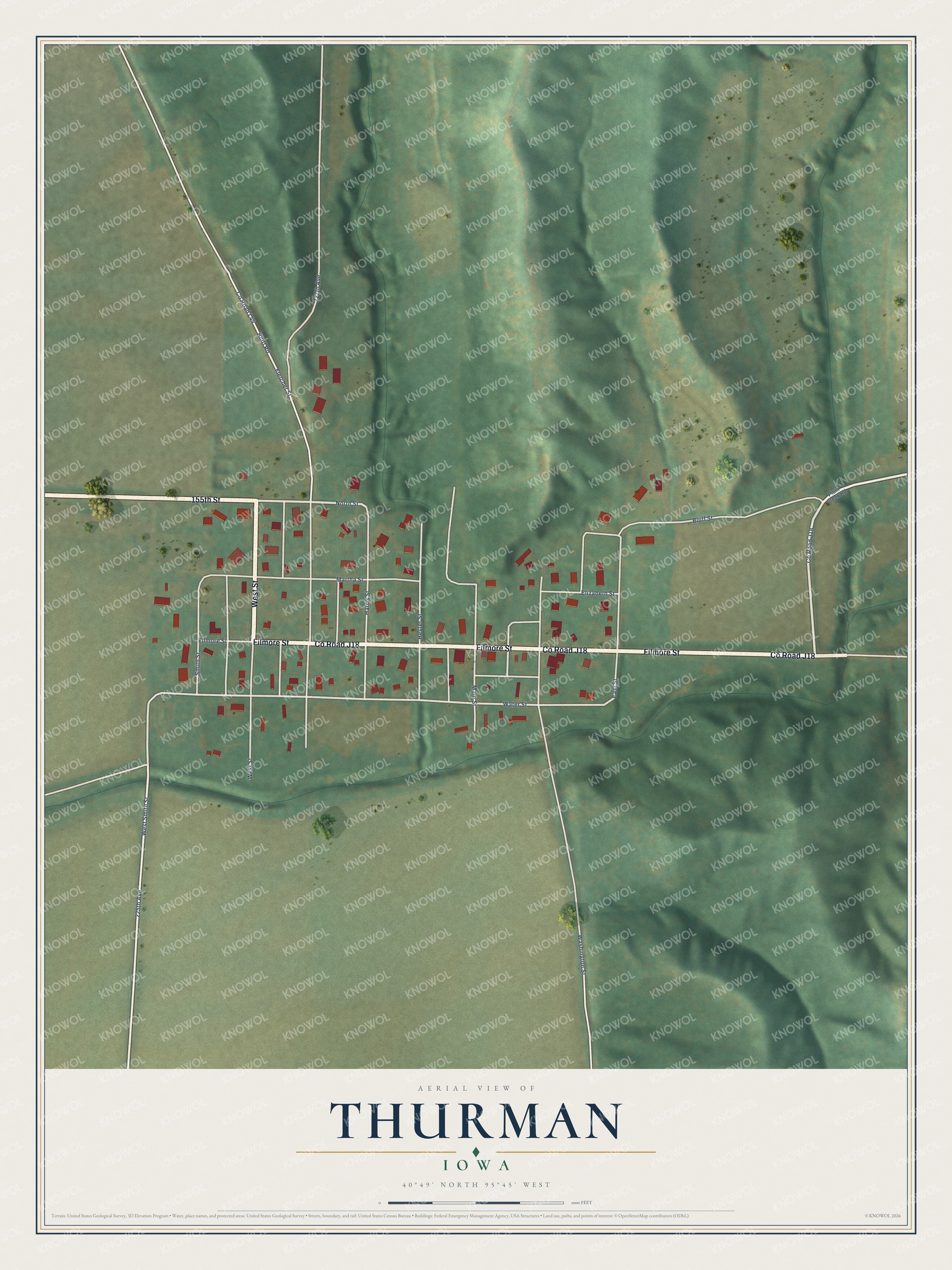 Full map of Thurman, Iowa, with red buildings, printed street names and the land around them