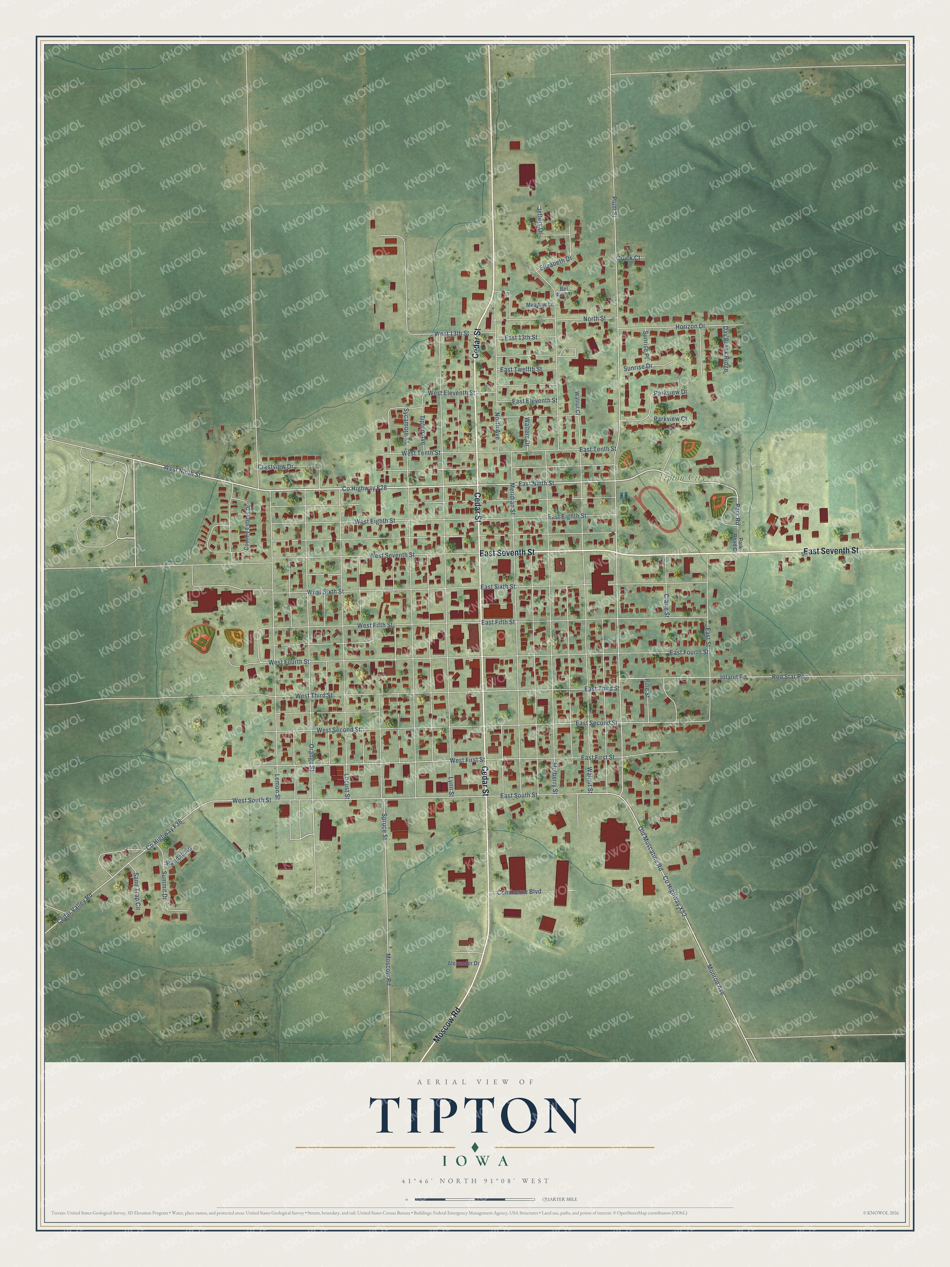Full map of Tipton, Iowa, with red buildings, printed street names and the land around them