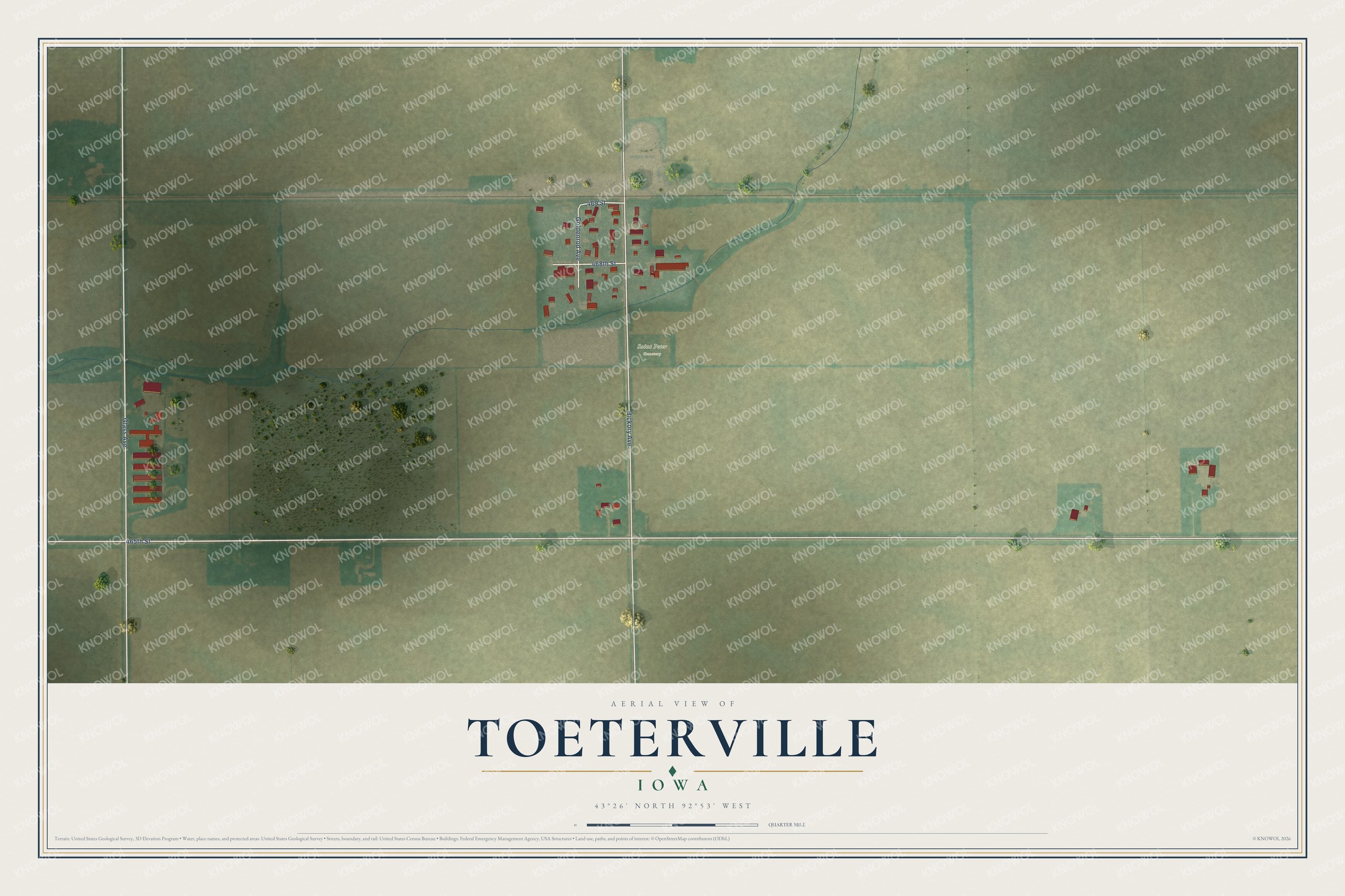 Full map of Toeterville, Iowa, with red buildings, printed street names and the land around them