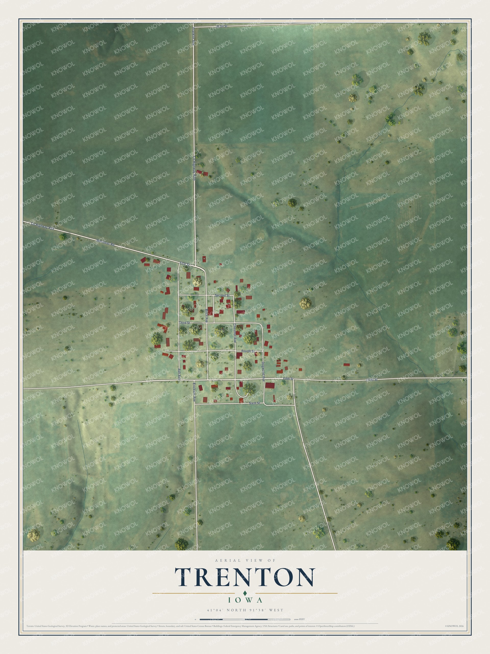 Full map of Trenton, Iowa, with red buildings, printed street names and the land around them