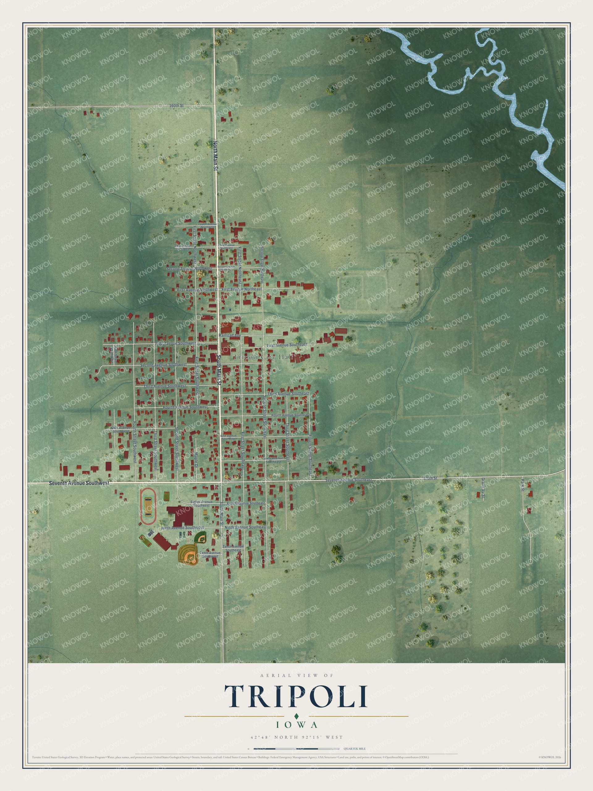 Full map of Tripoli, Iowa, with red buildings, printed street names and the land around them