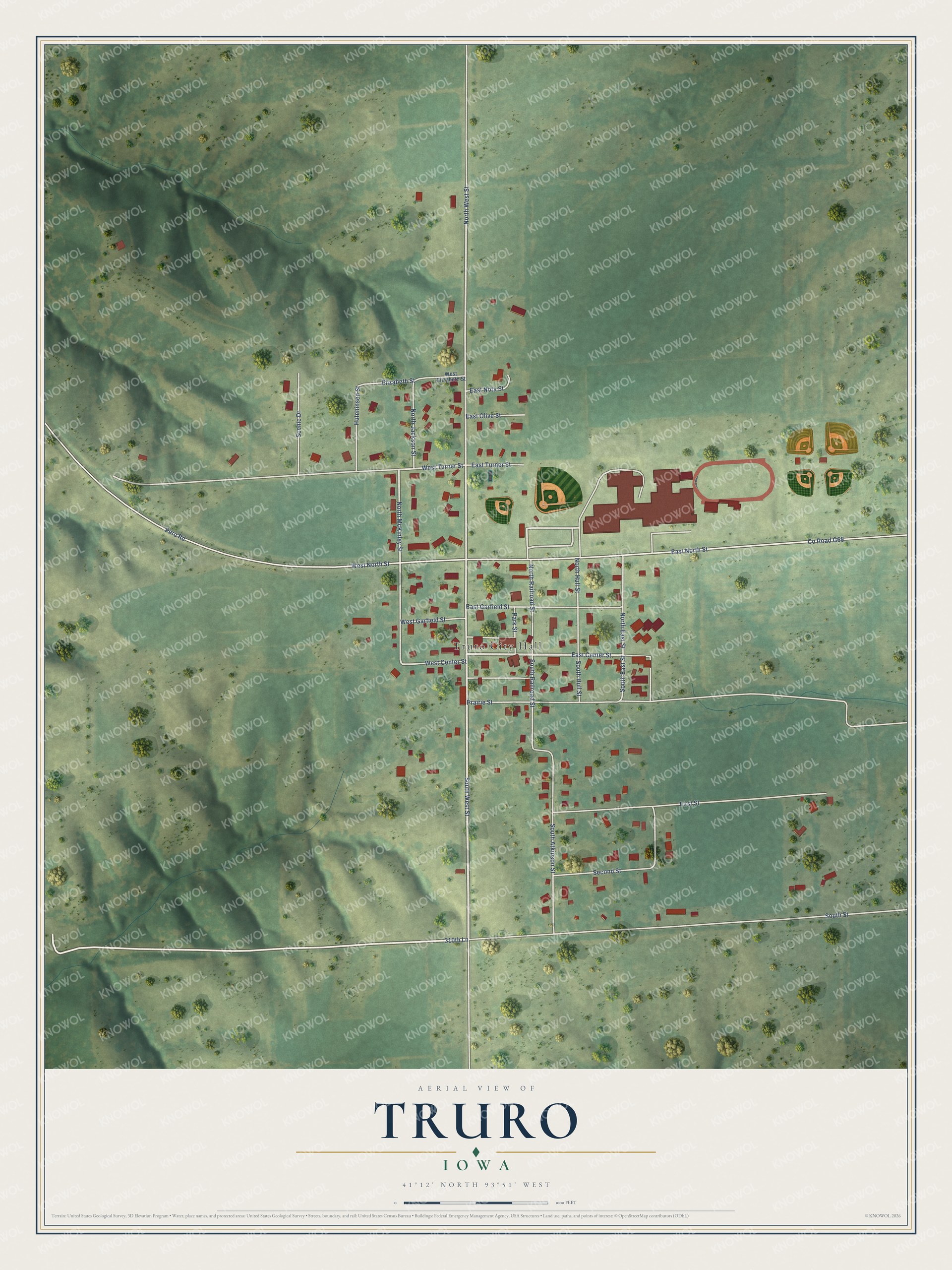 Full map of Truro, Iowa, with red buildings, printed street names and the land around them