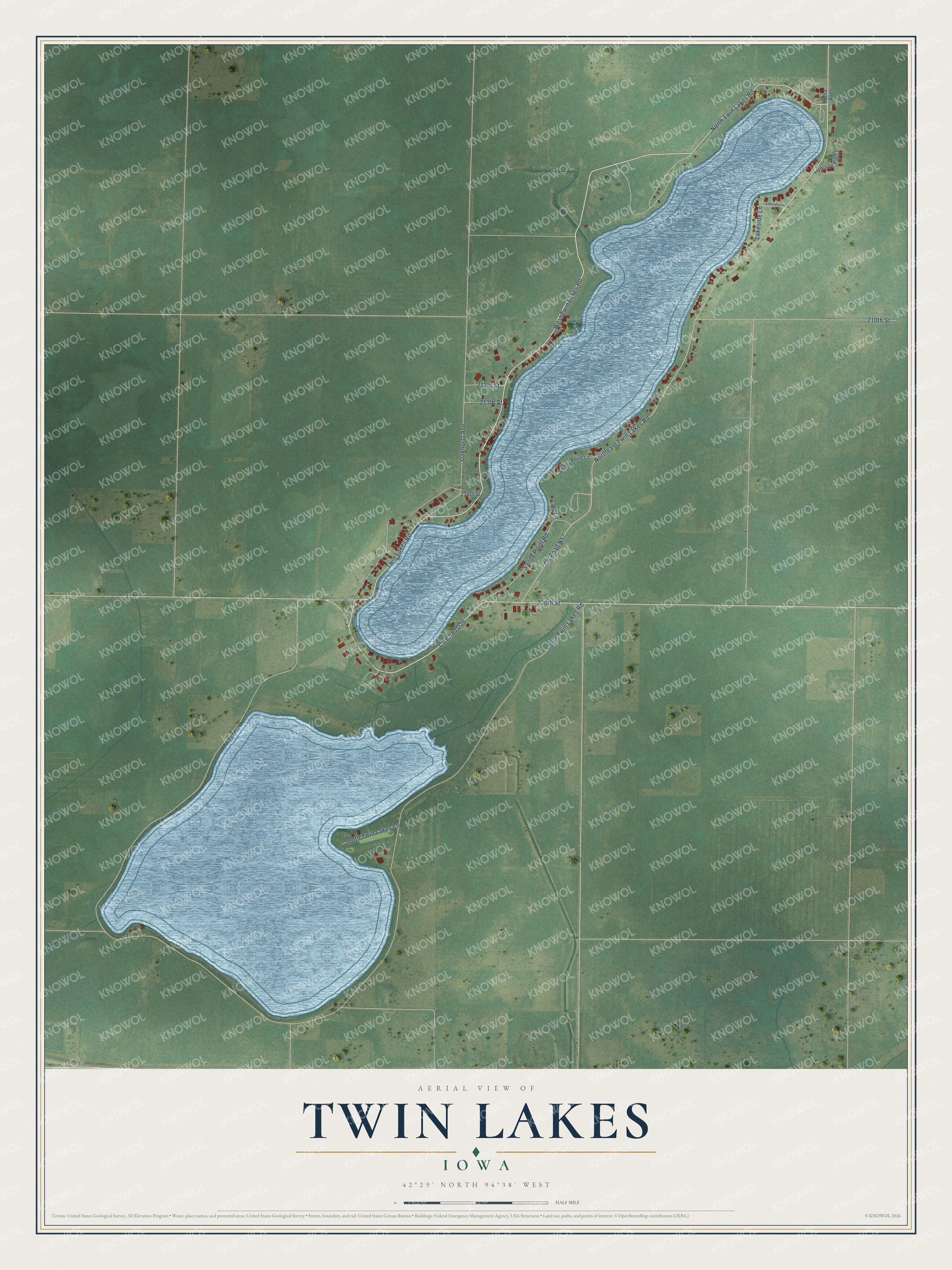 Full map of Twin Lakes, Iowa, with red buildings, printed street names and the land around them