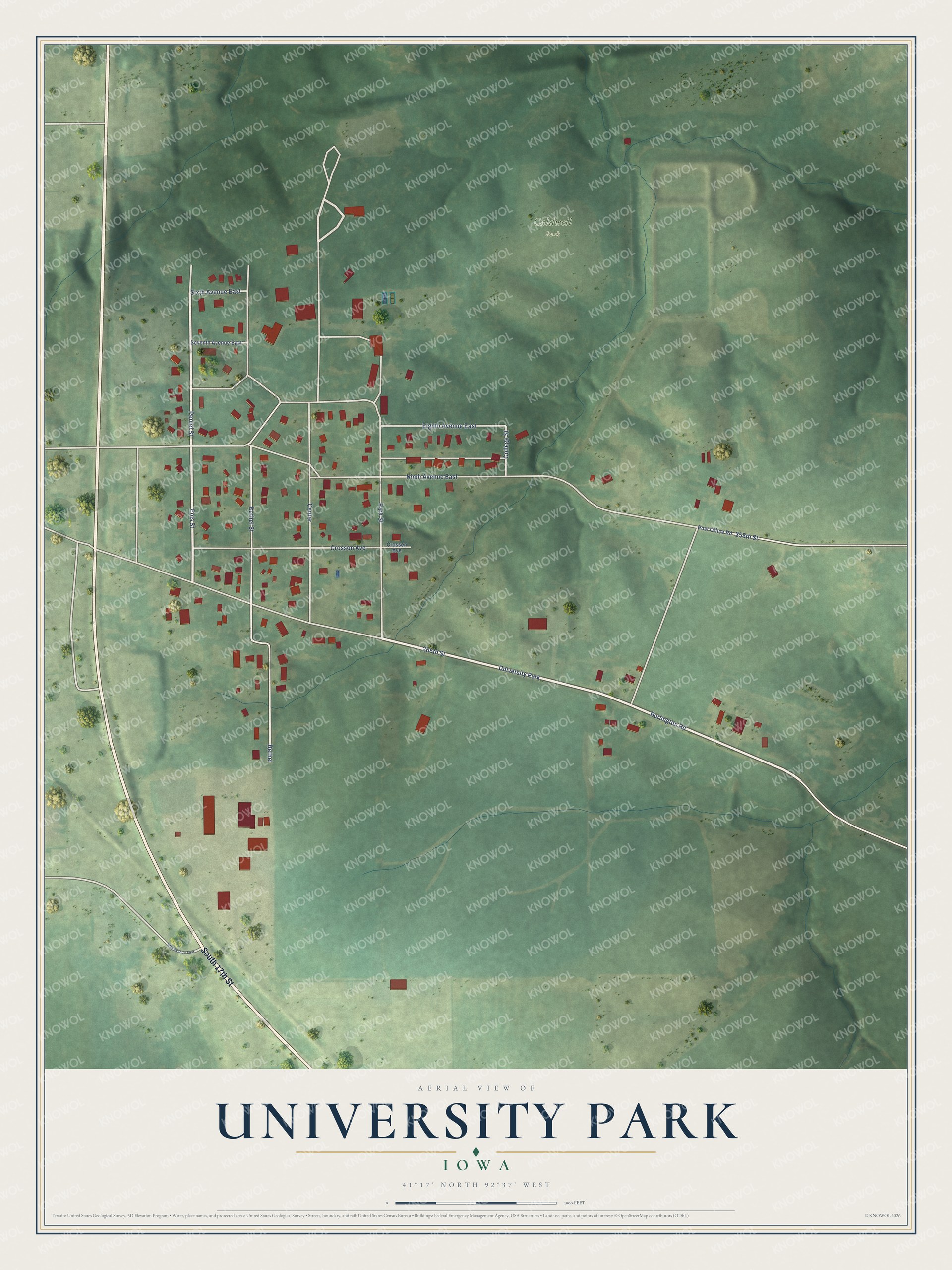 Full map of University Park, Iowa, with red buildings, printed street names and the land around them