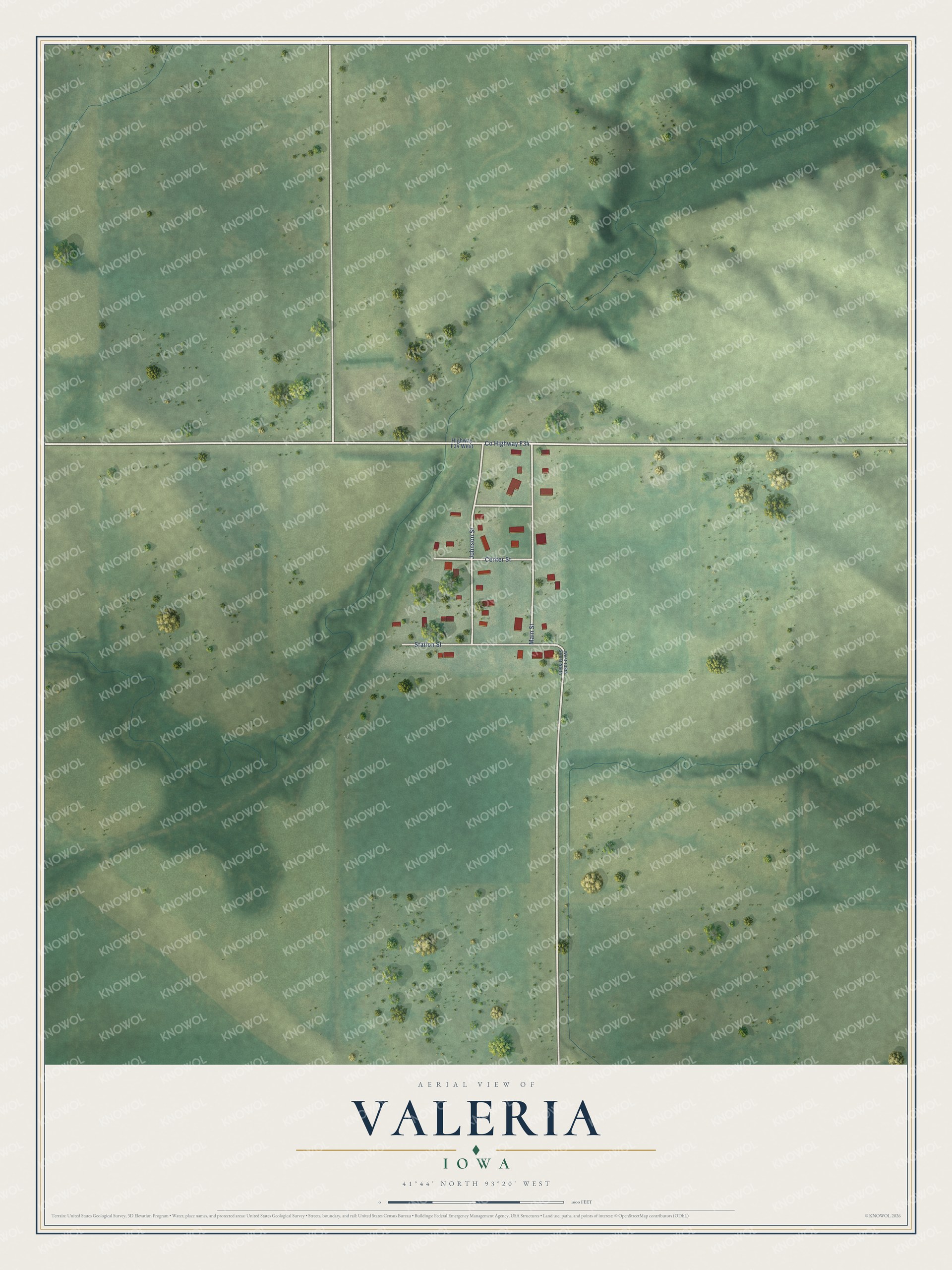 Full map of Valeria, Iowa, with red buildings, printed street names and the land around them