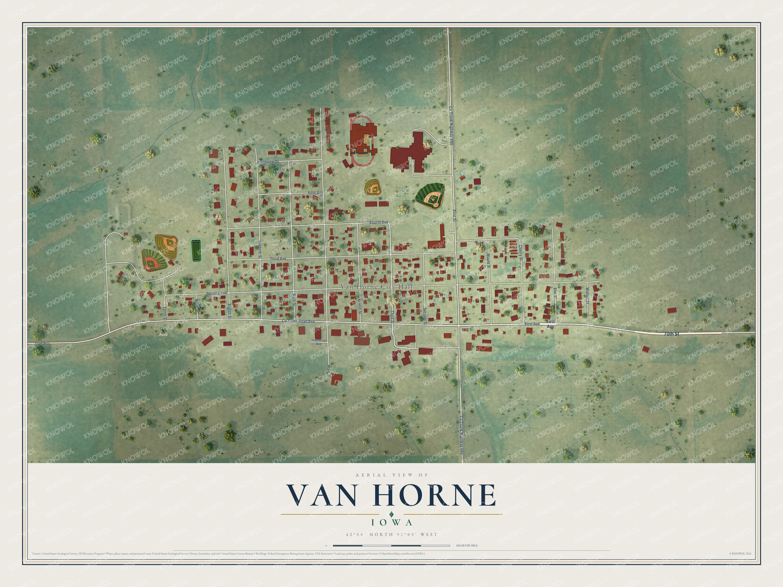 Full map of Van Horne, Iowa, with red buildings, printed street names and the land around them