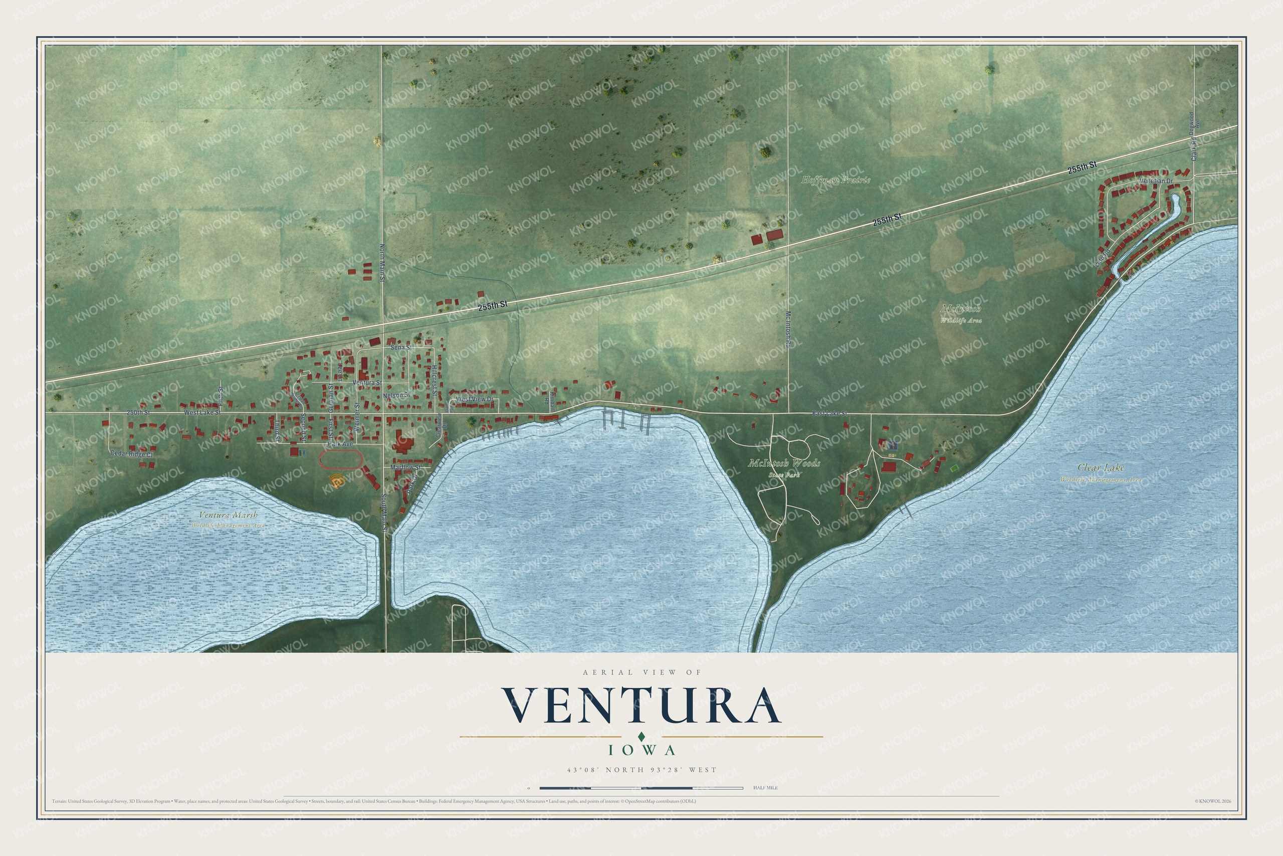 Full map of Ventura, Iowa, with red buildings, printed street names and the land around them