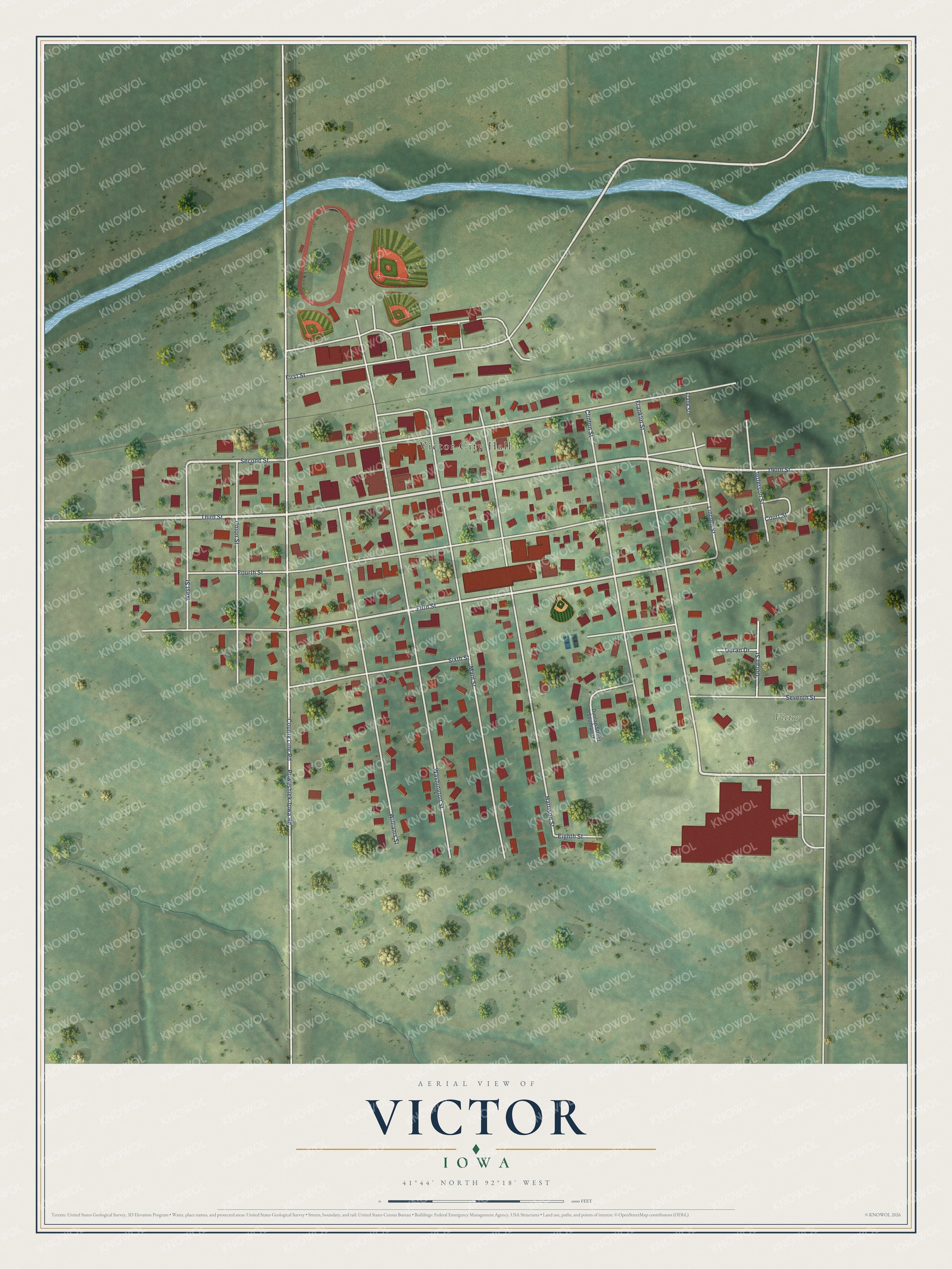 Full map of Victor, Iowa, with red buildings, printed street names and the land around them