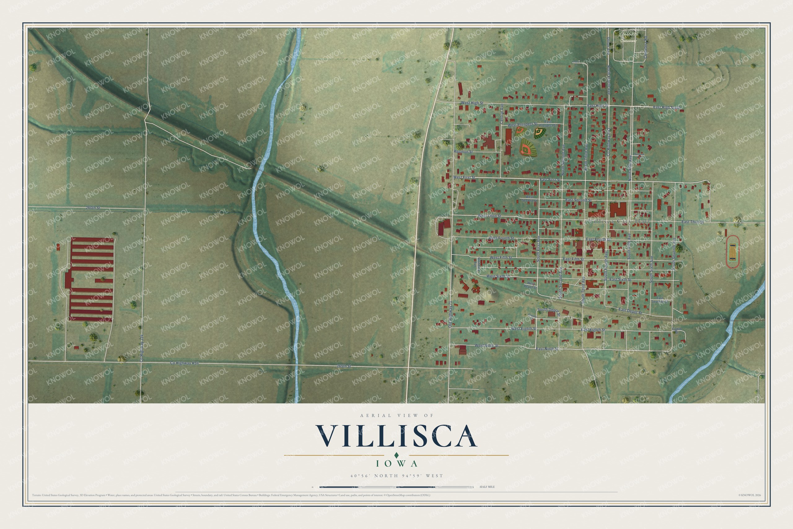 Full map of Villisca, Iowa, with red buildings, printed street names and the land around them