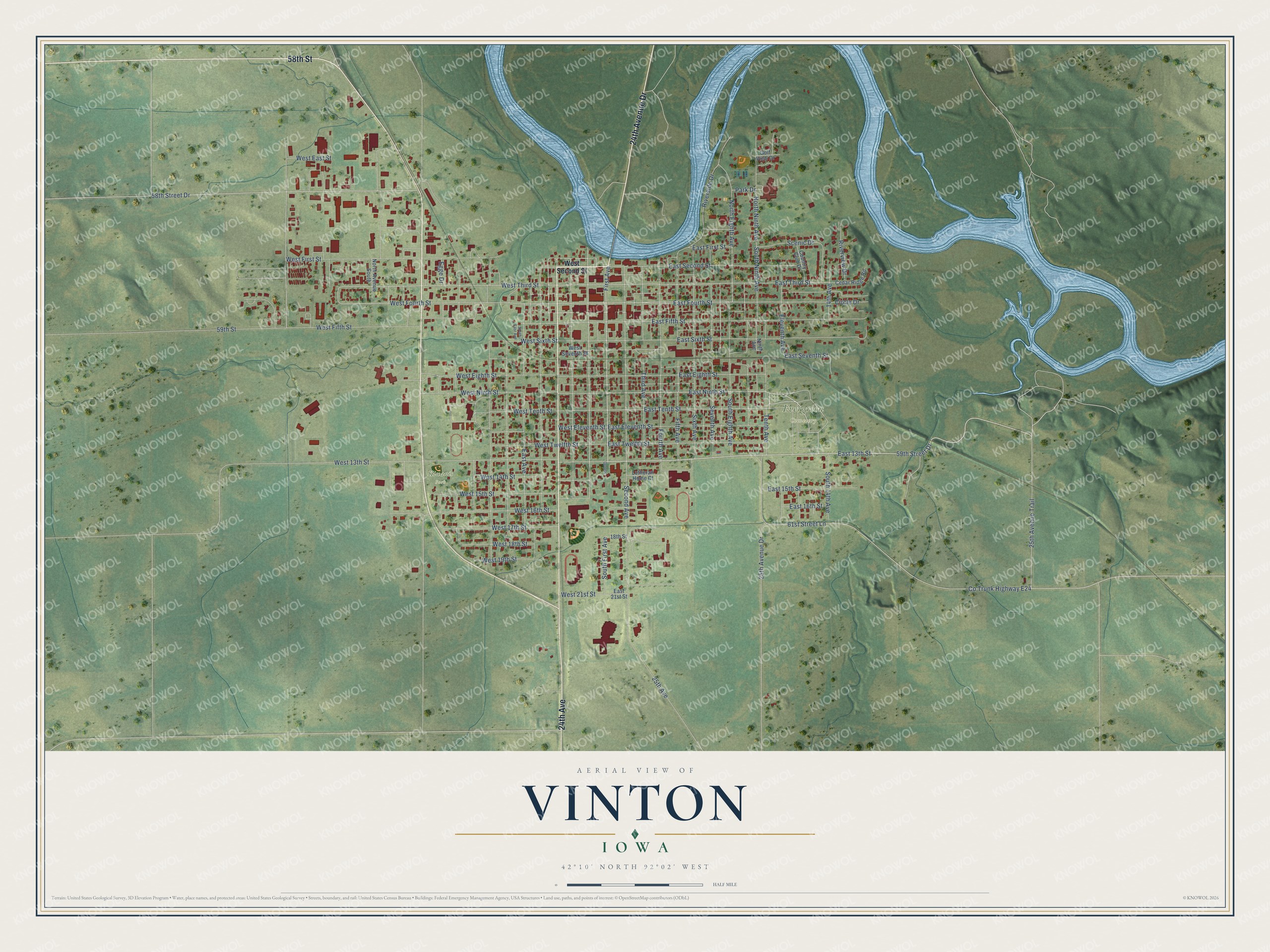 Full map of Vinton, Iowa, with red buildings, printed street names and the land around them