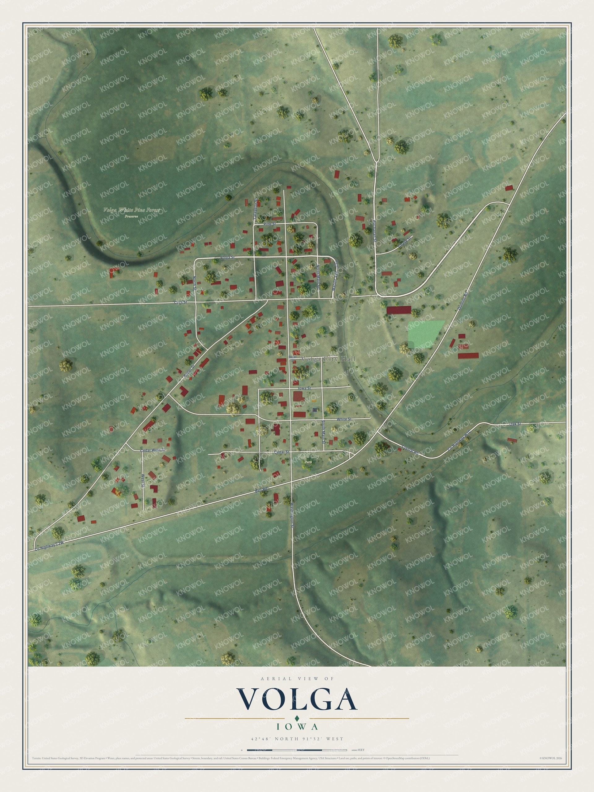 Full map of Volga, Iowa, with red buildings, printed street names and the land around them