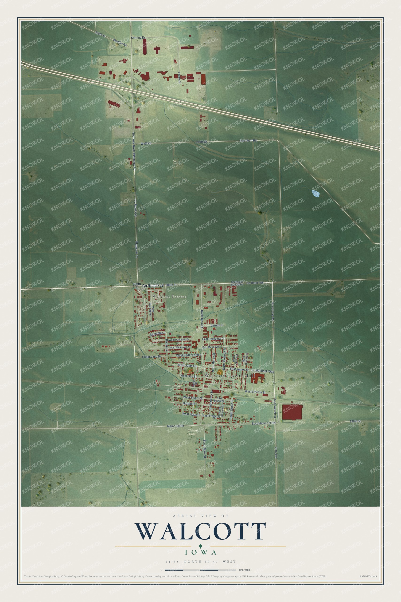 Watermarked full-map preview of Walcott, Iowa