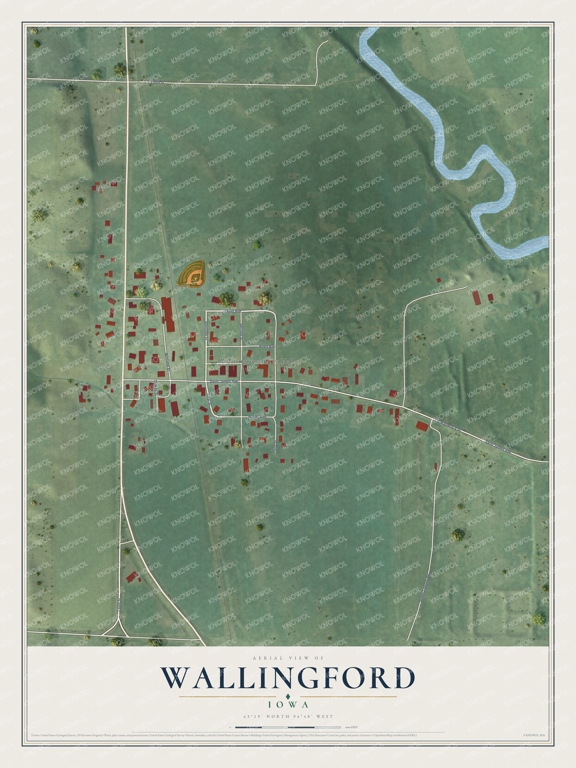 Watermarked full-map preview of Wallingford, Iowa