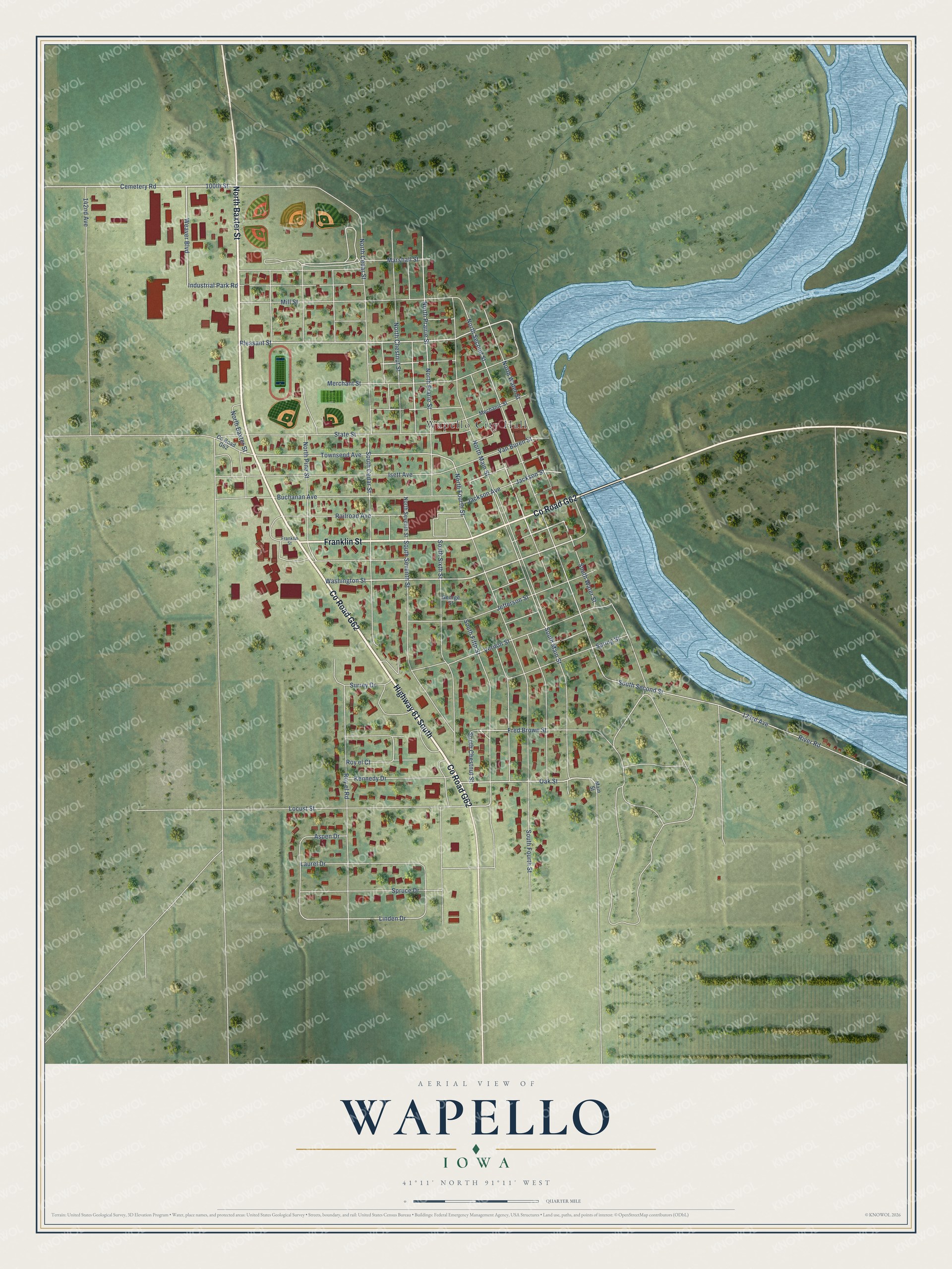 Full map of Wapello, Iowa, with red buildings, printed street names and the land around them