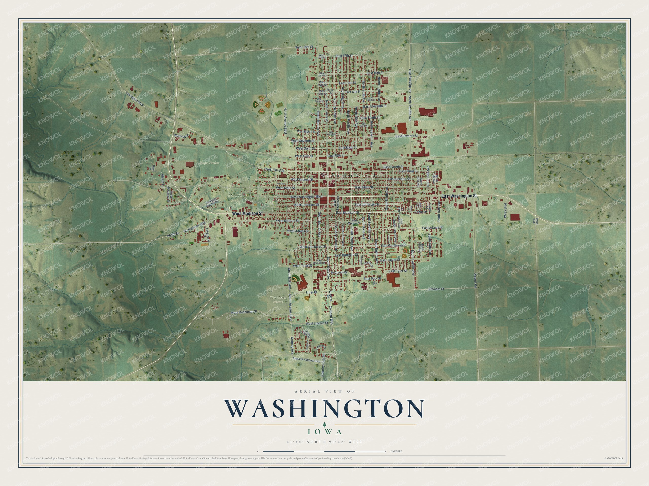 Full map of Washington, Iowa, with red buildings, printed street names and the land around them