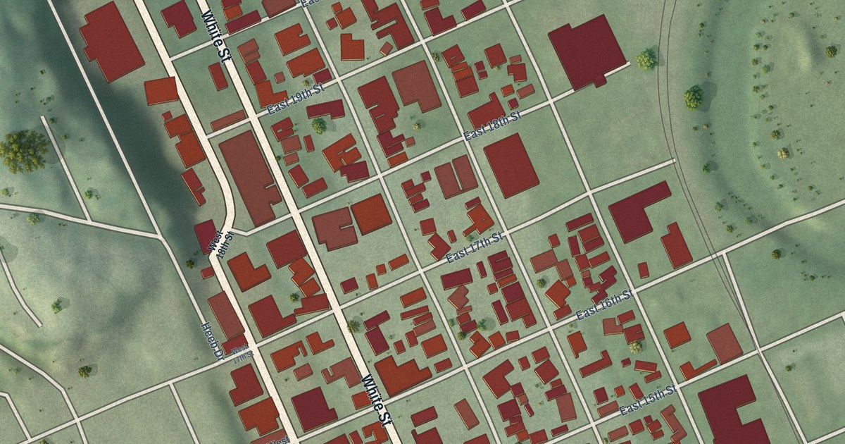 Close-up of streets and buildings in Washington Neighborhood, Iowa