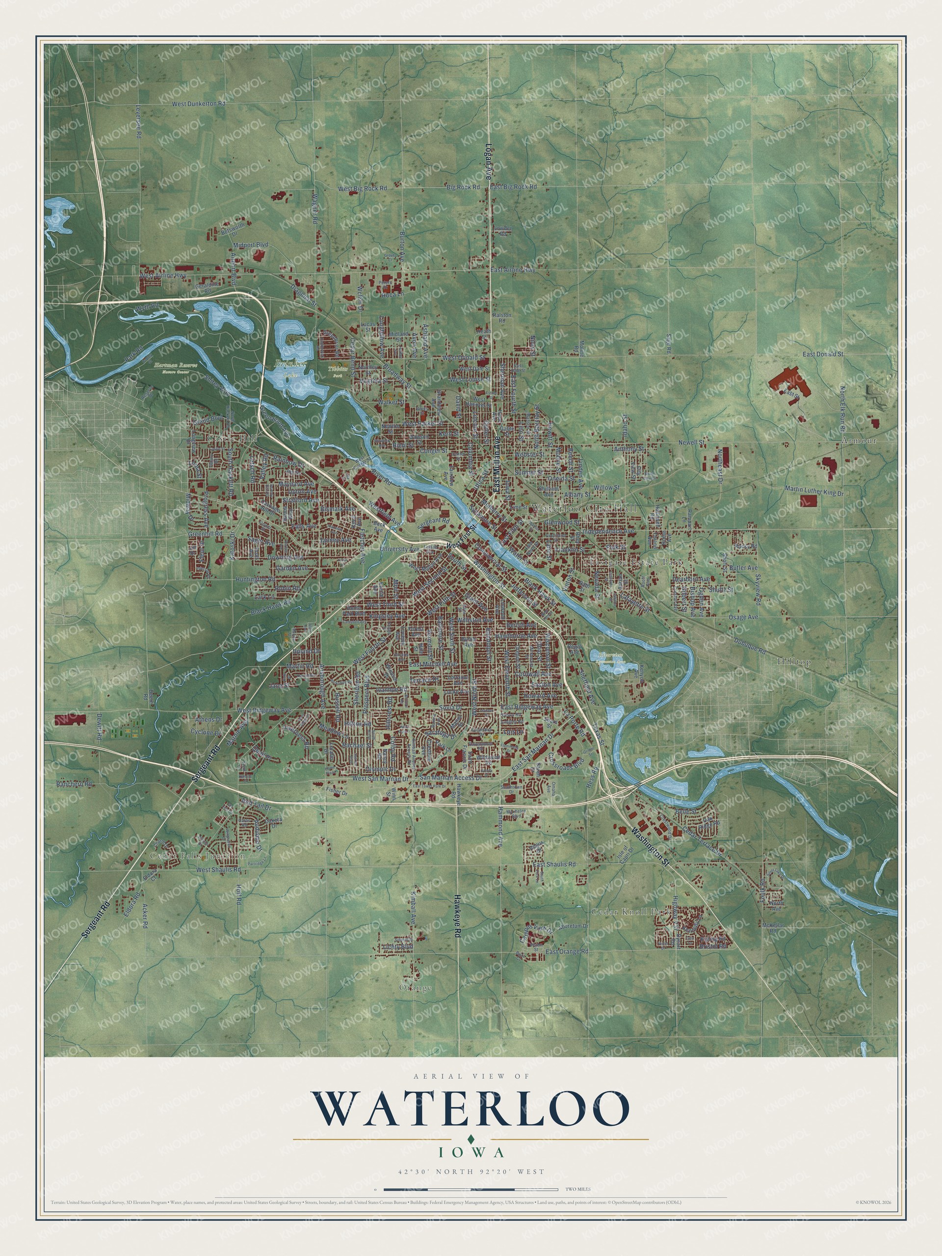 Full map of Waterloo, Iowa, with red buildings, printed street names and the land around them