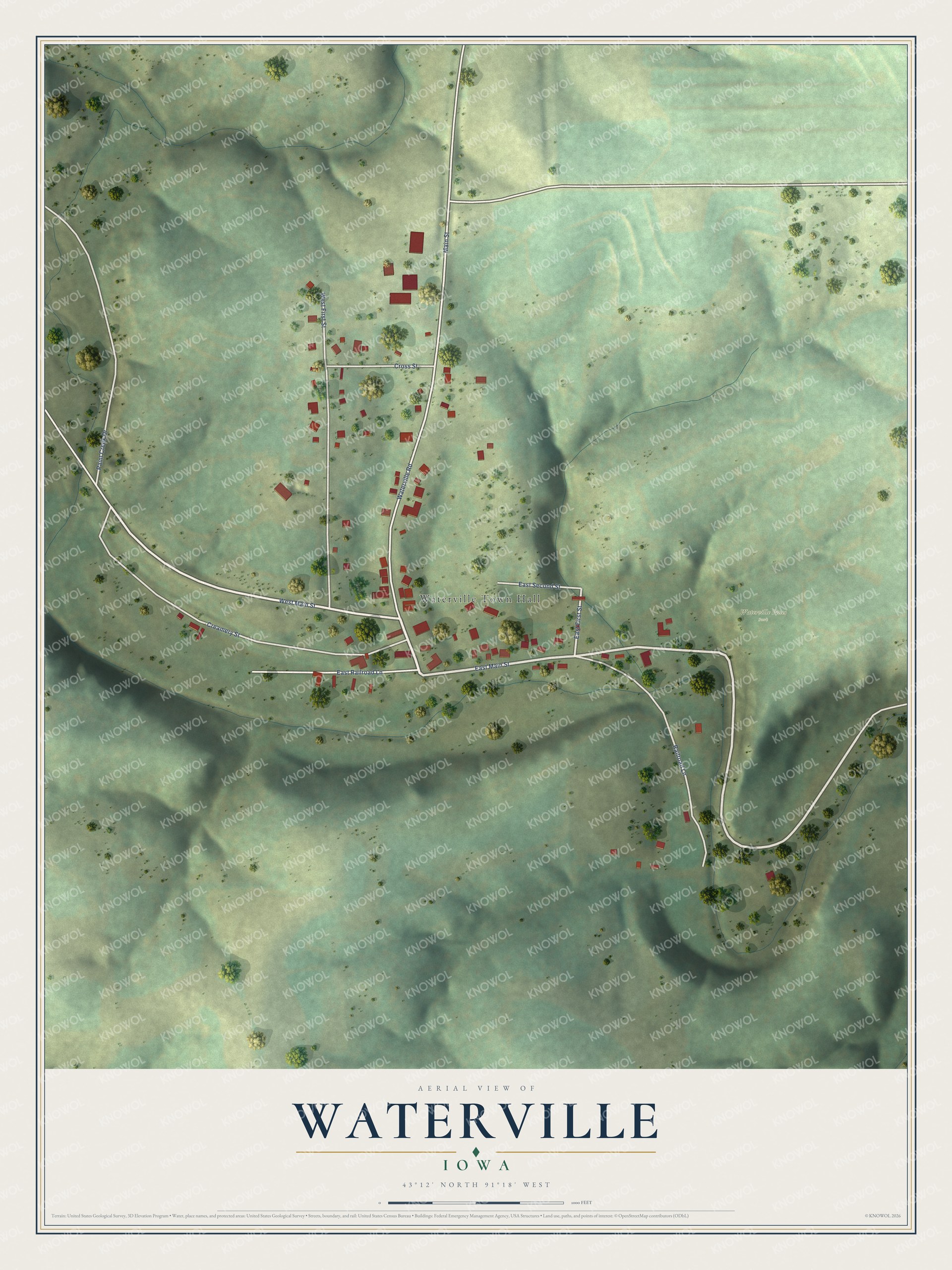 Full map of Waterville, Iowa, with red buildings, printed street names and the land around them