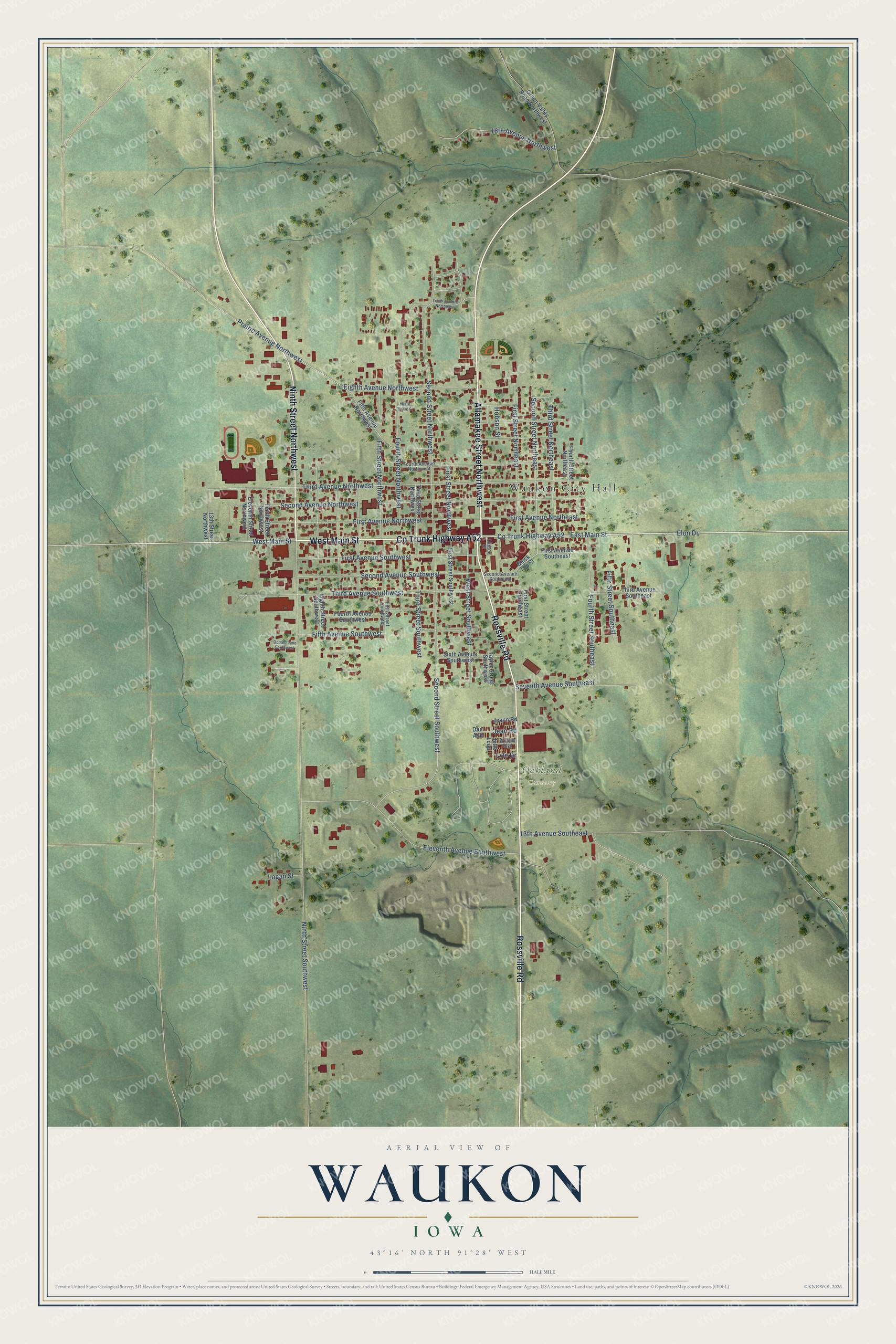 Full map of Waukon, Iowa, with red buildings, printed street names and the land around them