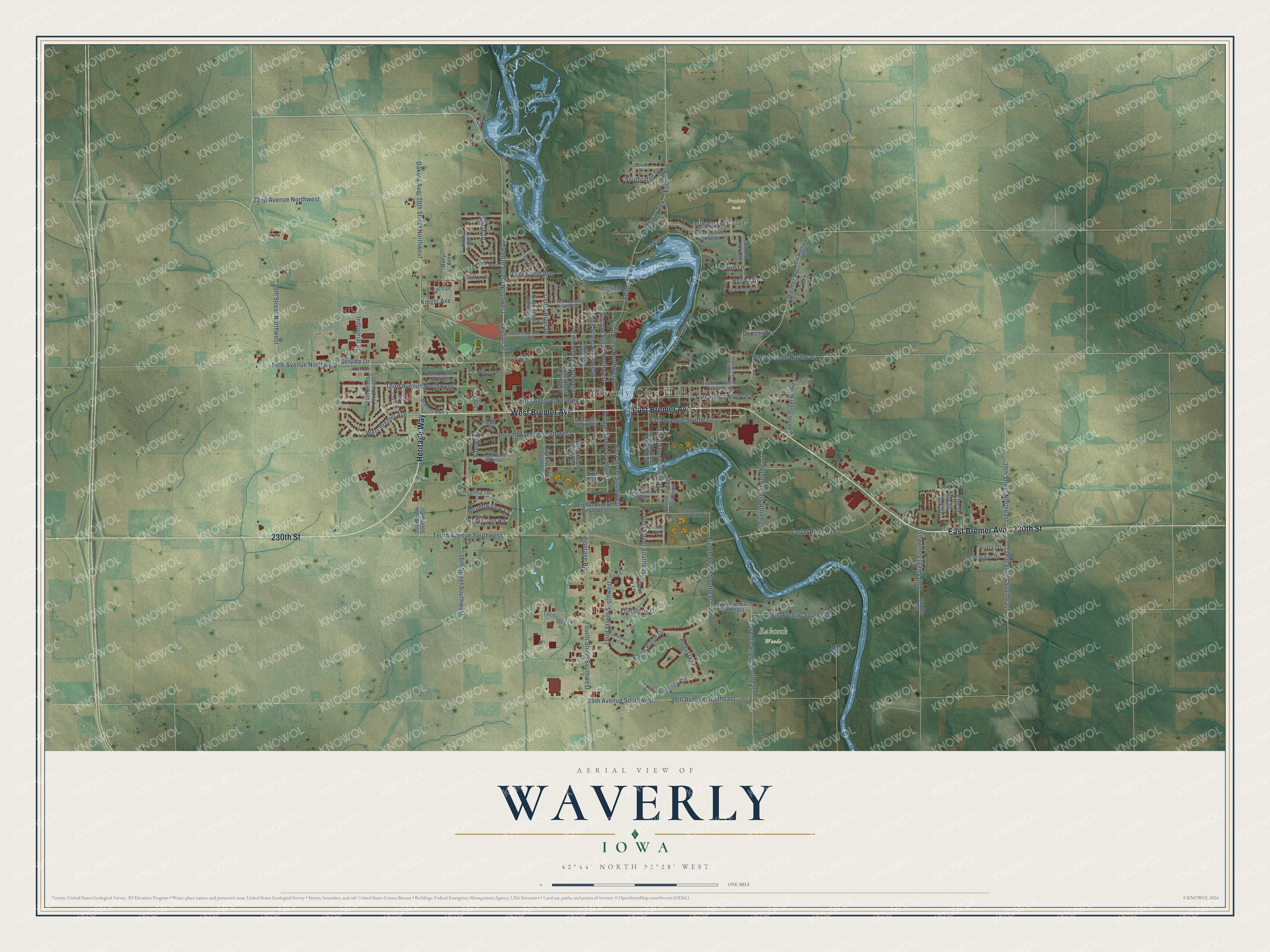 Full map of Waverly, Iowa, with red buildings, printed street names and the land around them