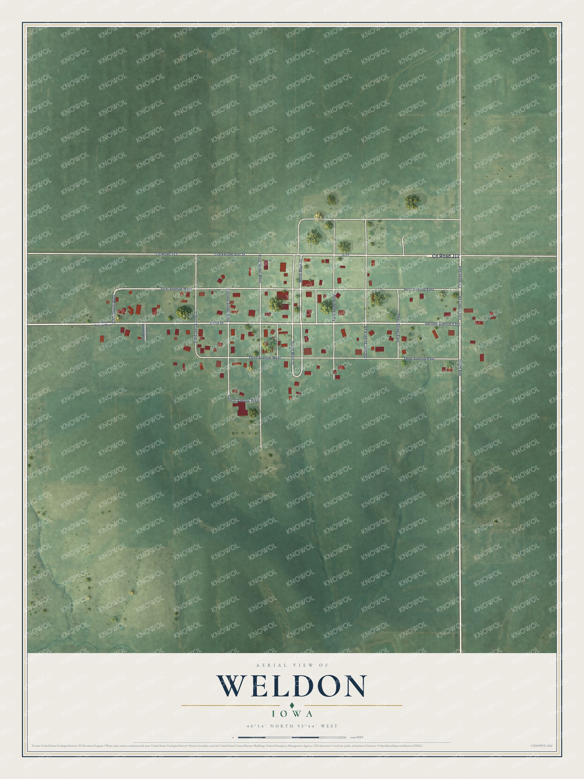 Full map of Weldon, Iowa, with red buildings, printed street names and the land around them