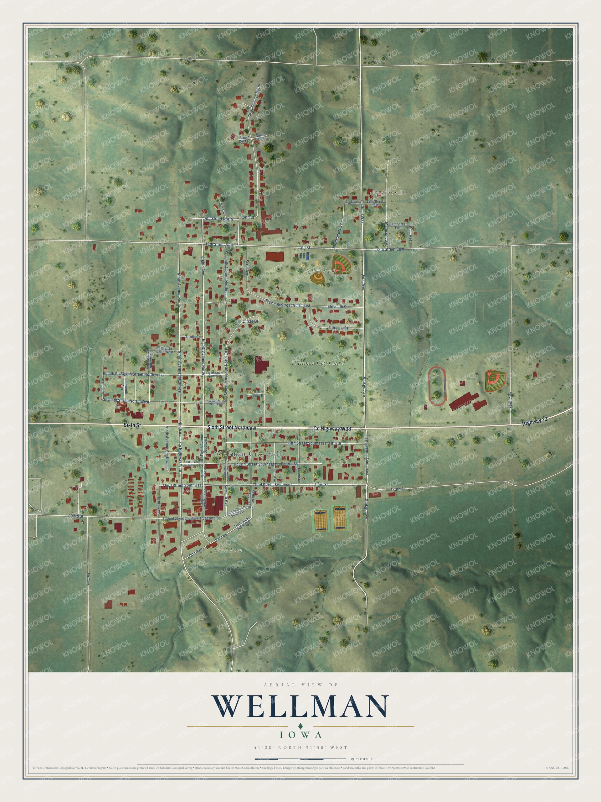 Full map of Wellman, Iowa, with red buildings, printed street names and the land around them