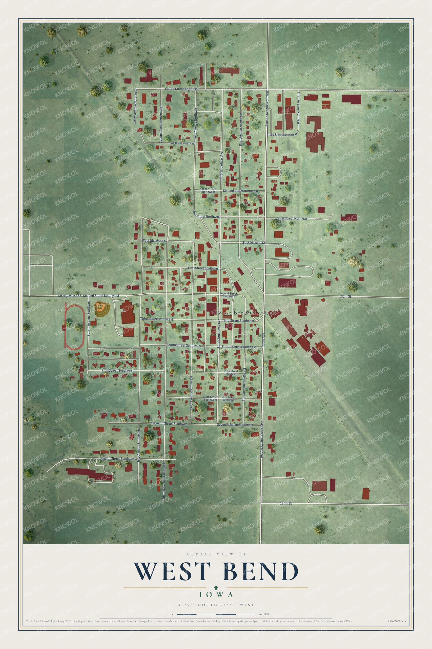 Full map of West Bend, Iowa, with red buildings, printed street names and the land around them