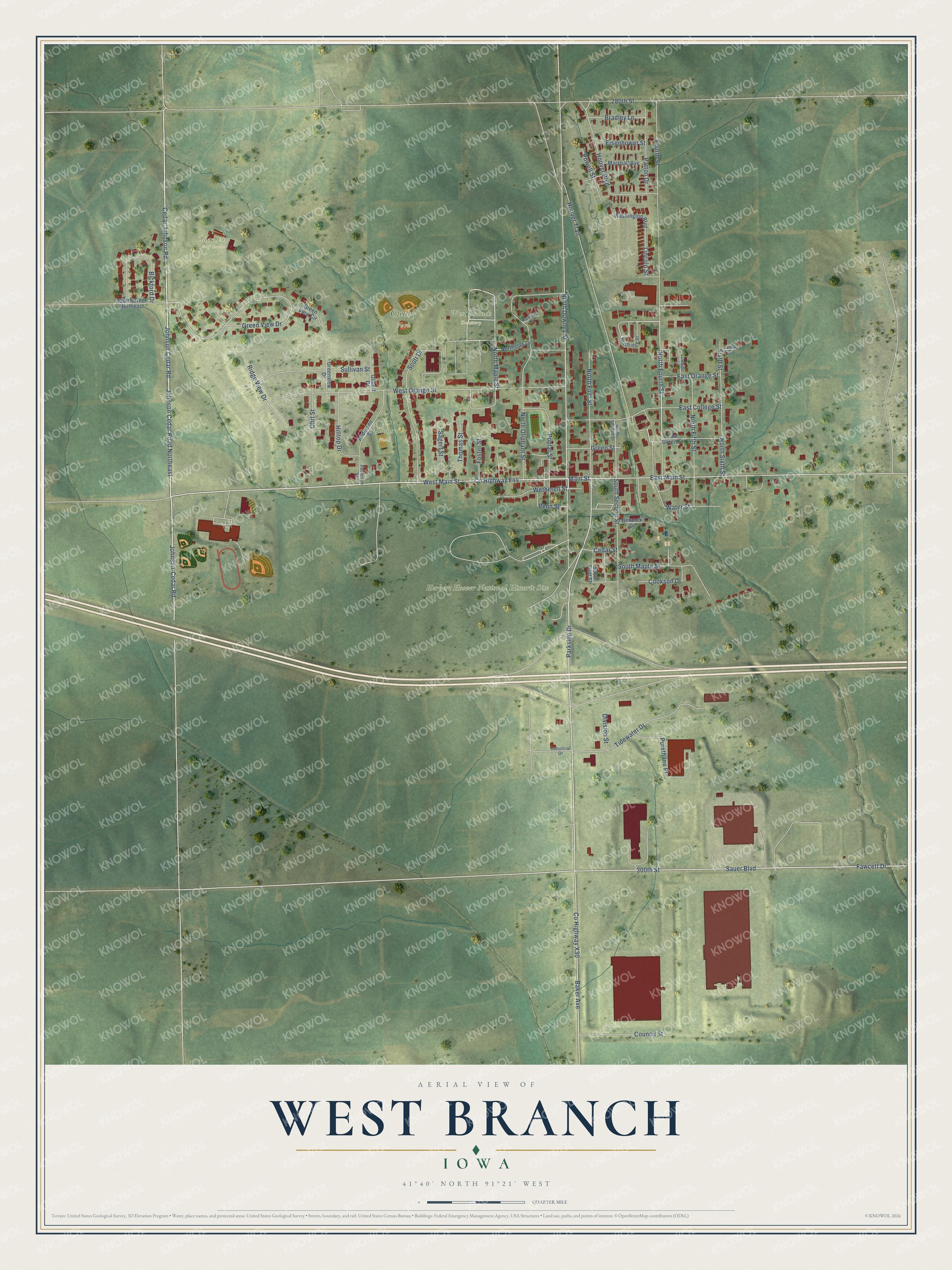Watermarked full-map preview of West Branch, Iowa