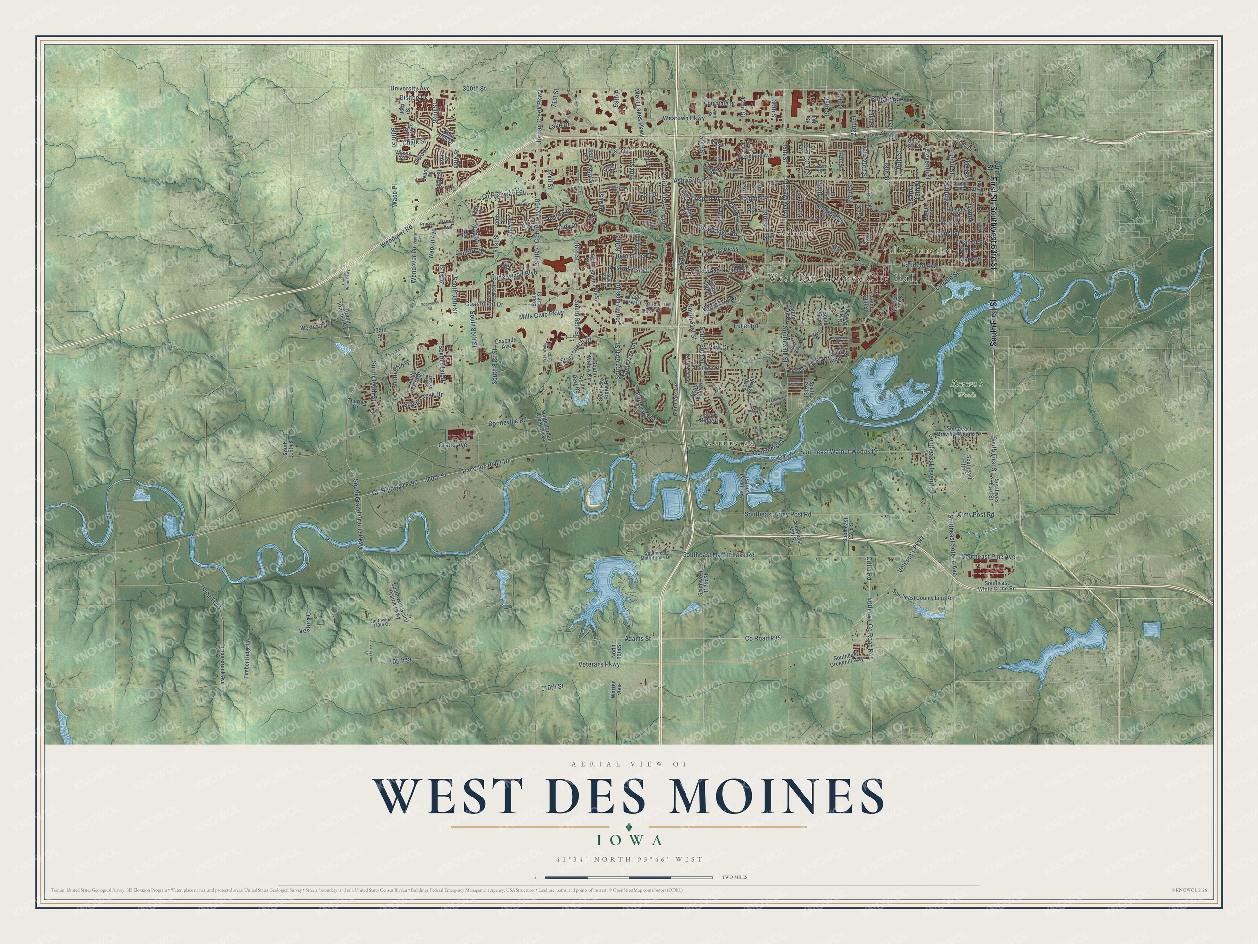Full map of West Des Moines, Iowa, with red buildings, printed street names and the land around them