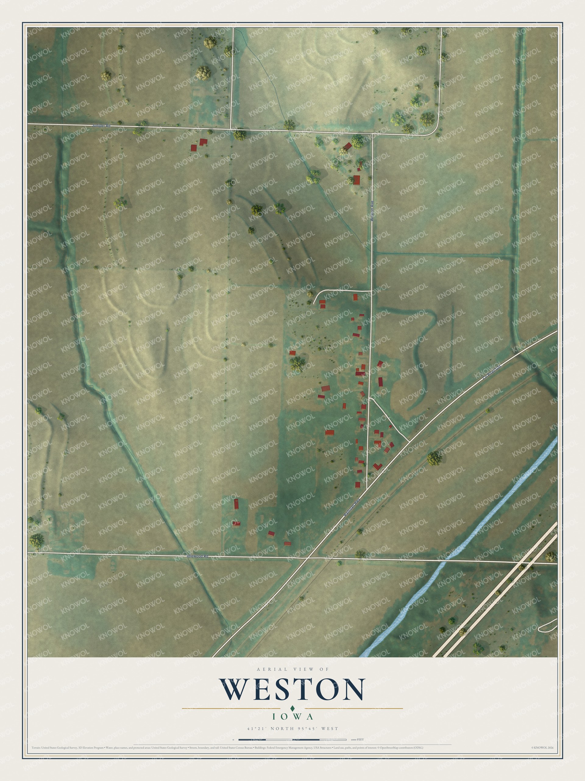 Full map of Weston, Iowa, with red buildings, printed street names and the land around them