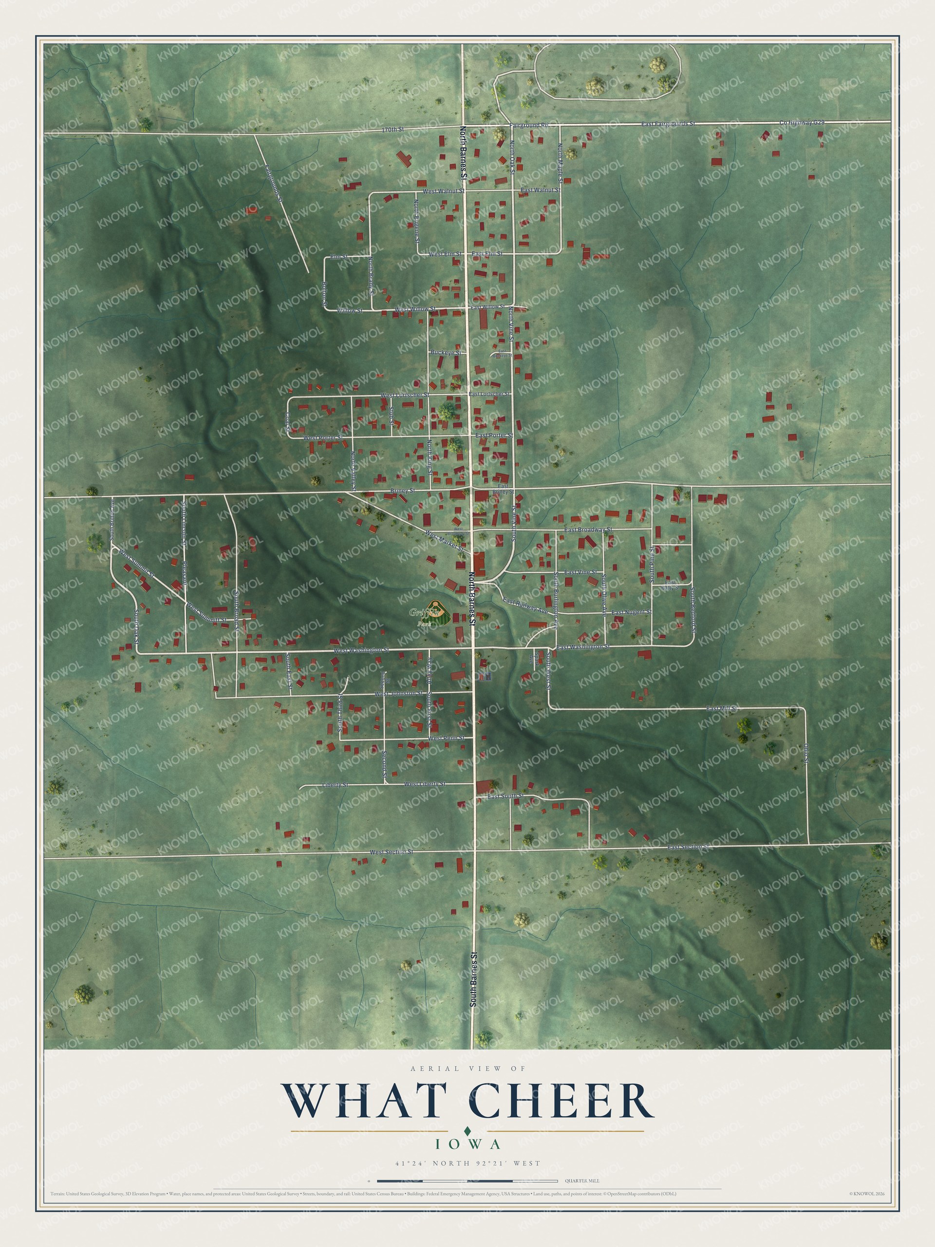 Full map of What Cheer, Iowa, with red buildings, printed street names and the land around them
