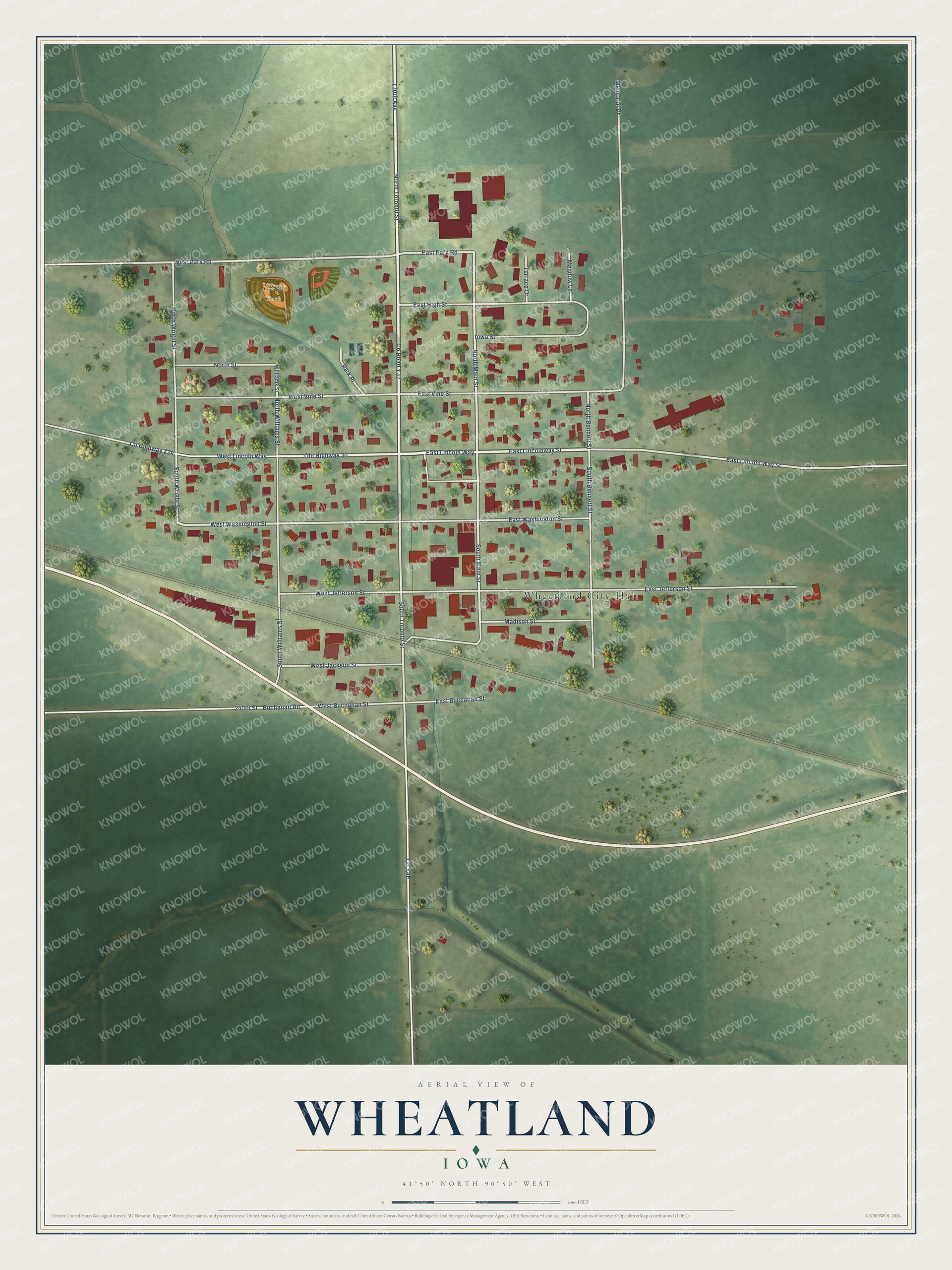 Full map of Wheatland, Iowa, with red buildings, printed street names and the land around them