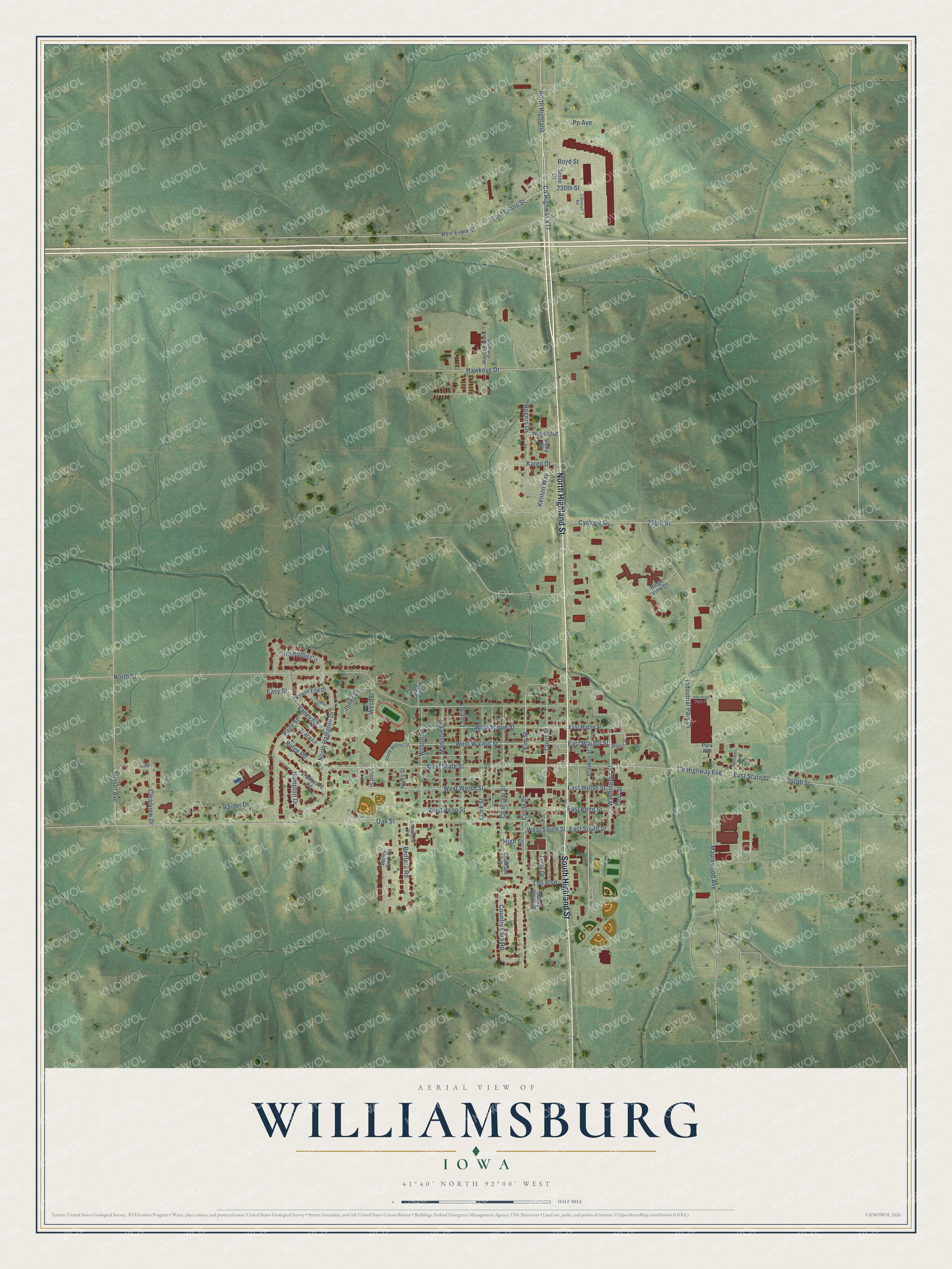 Full map of Williamsburg, Iowa, with red buildings, printed street names and the land around them