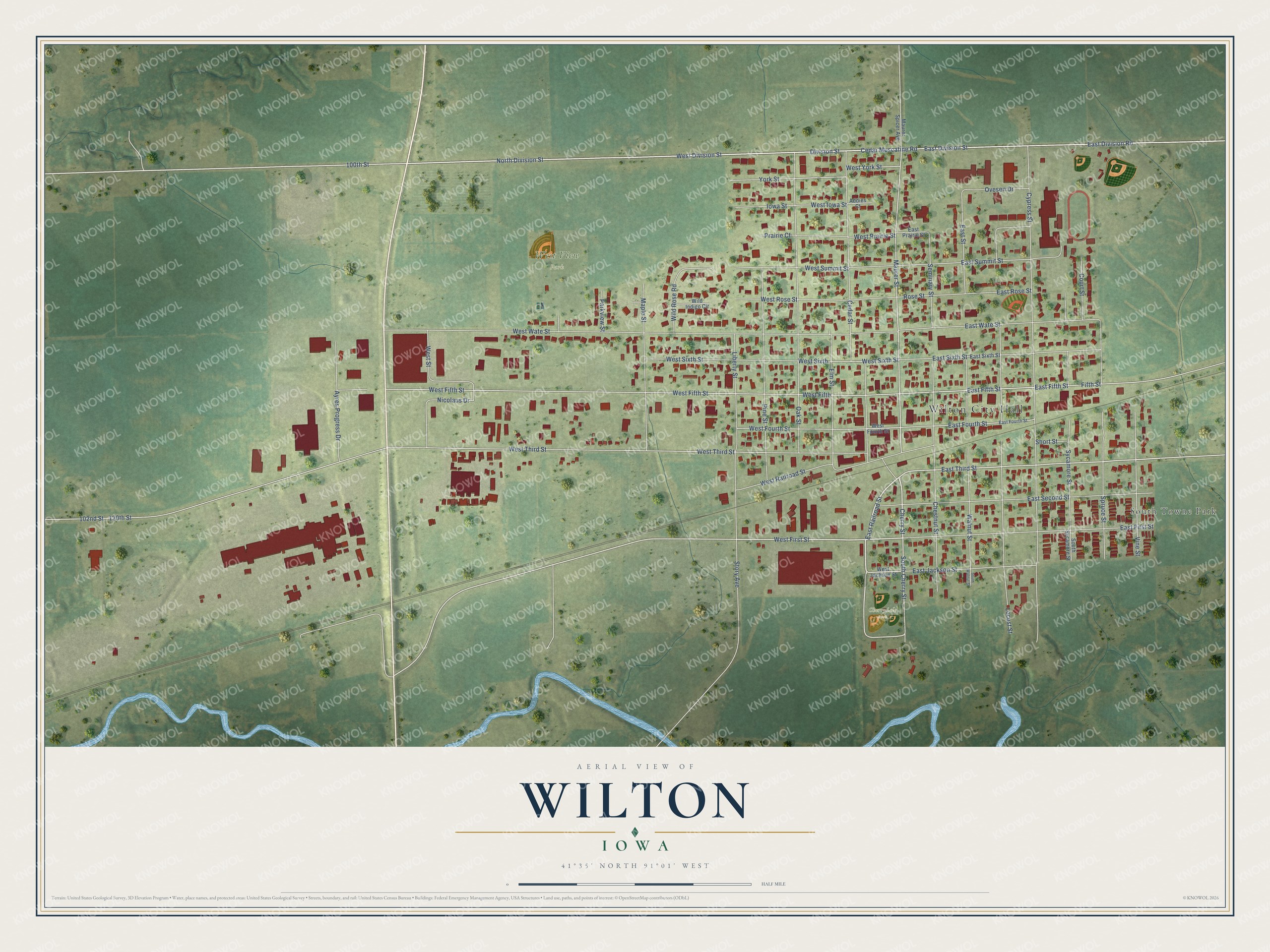 Full map of Wilton, Iowa, with red buildings, printed street names and the land around them