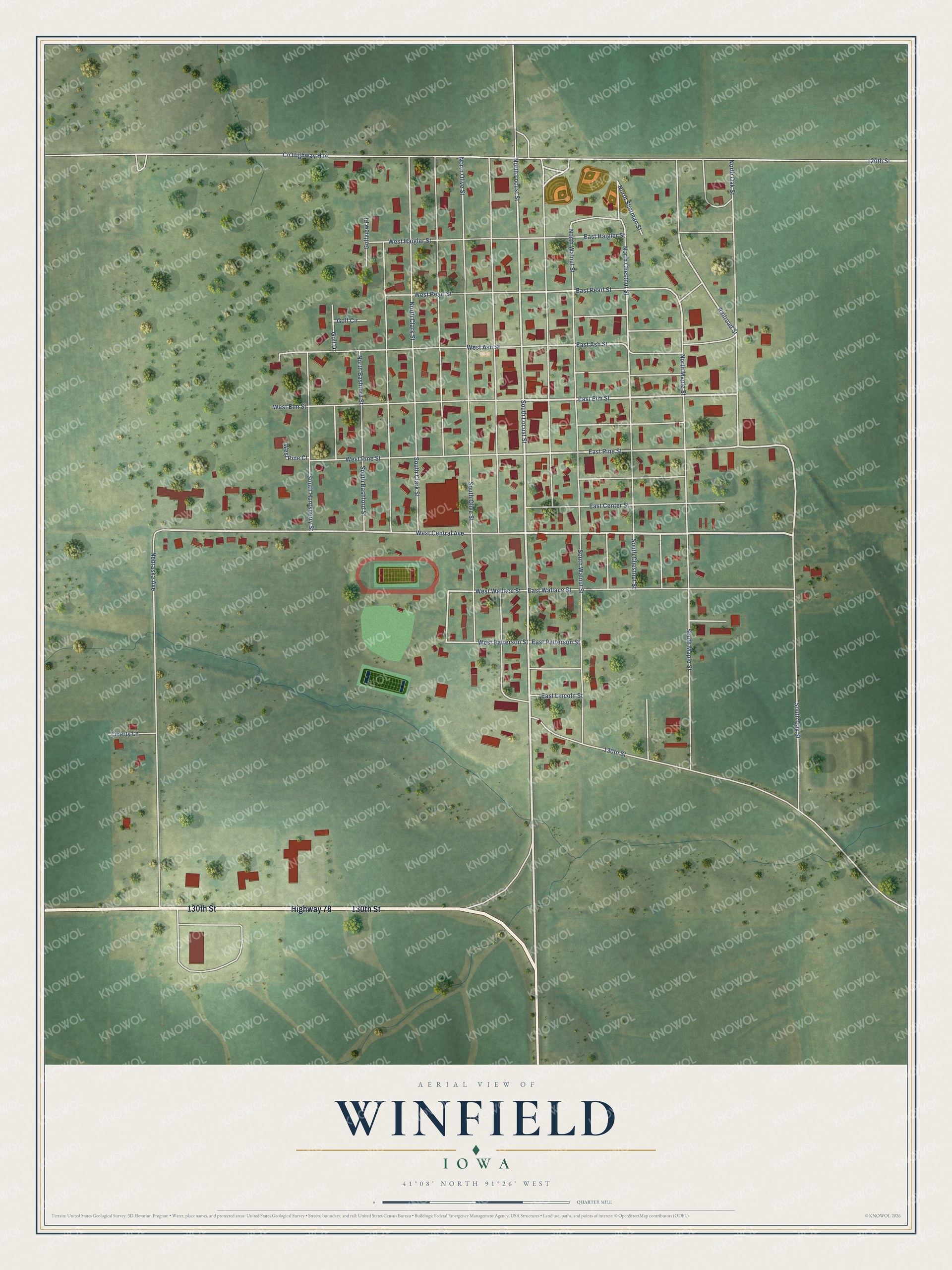 Full map of Winfield, Iowa, with red buildings, printed street names and the land around them