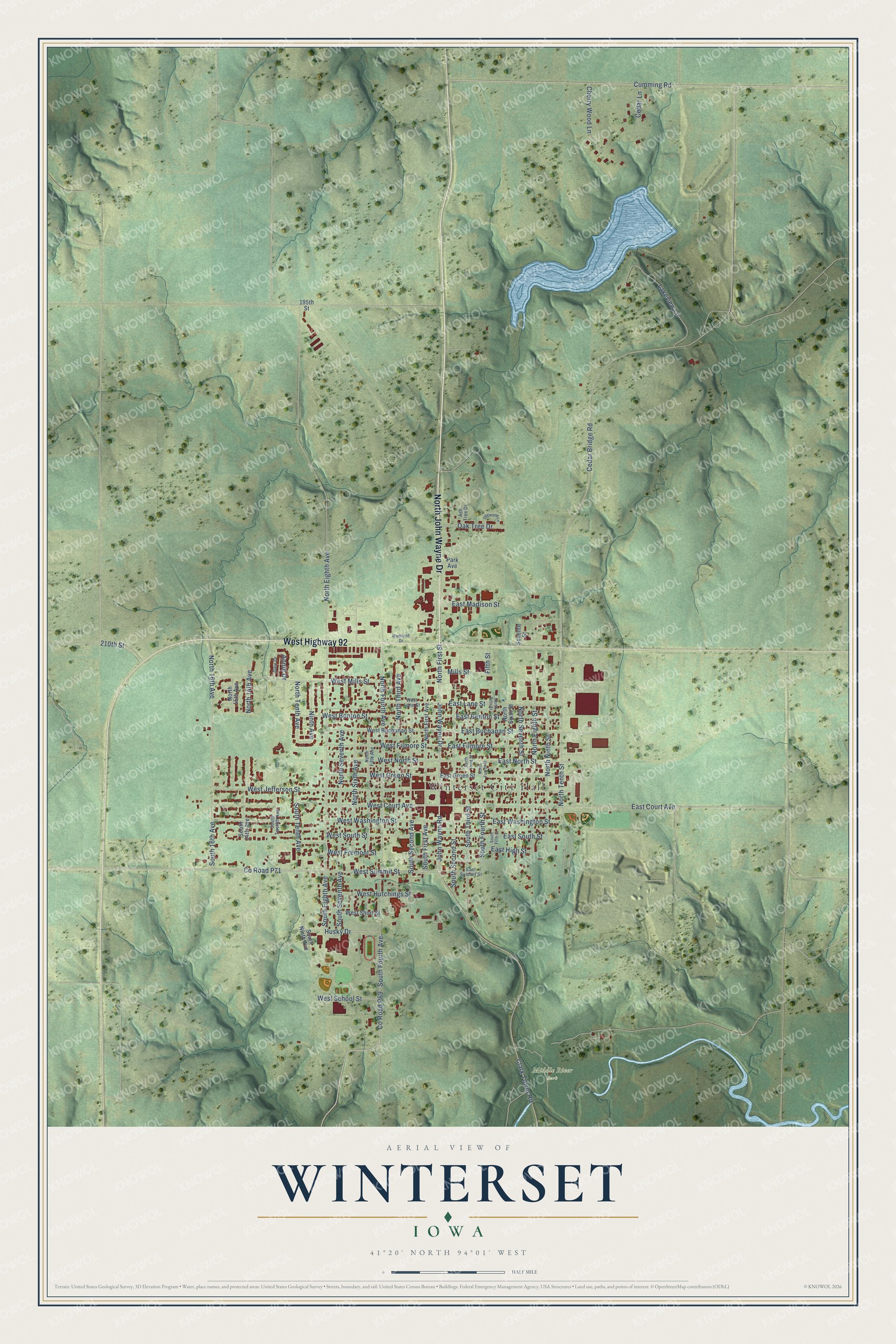 Full map of Winterset, Iowa, with red buildings, printed street names and the land around them