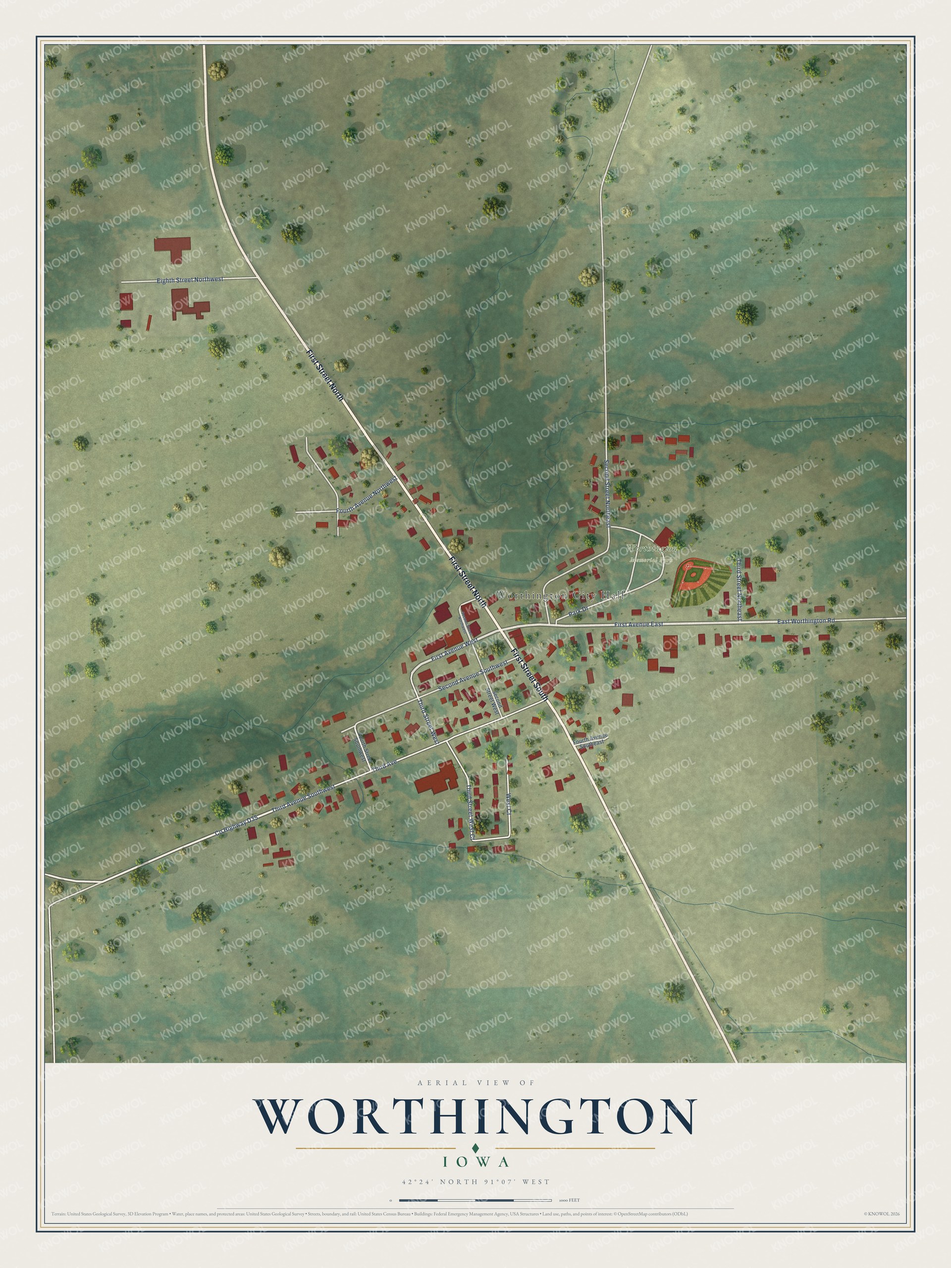 Watermarked full-map preview of Worthington, Iowa